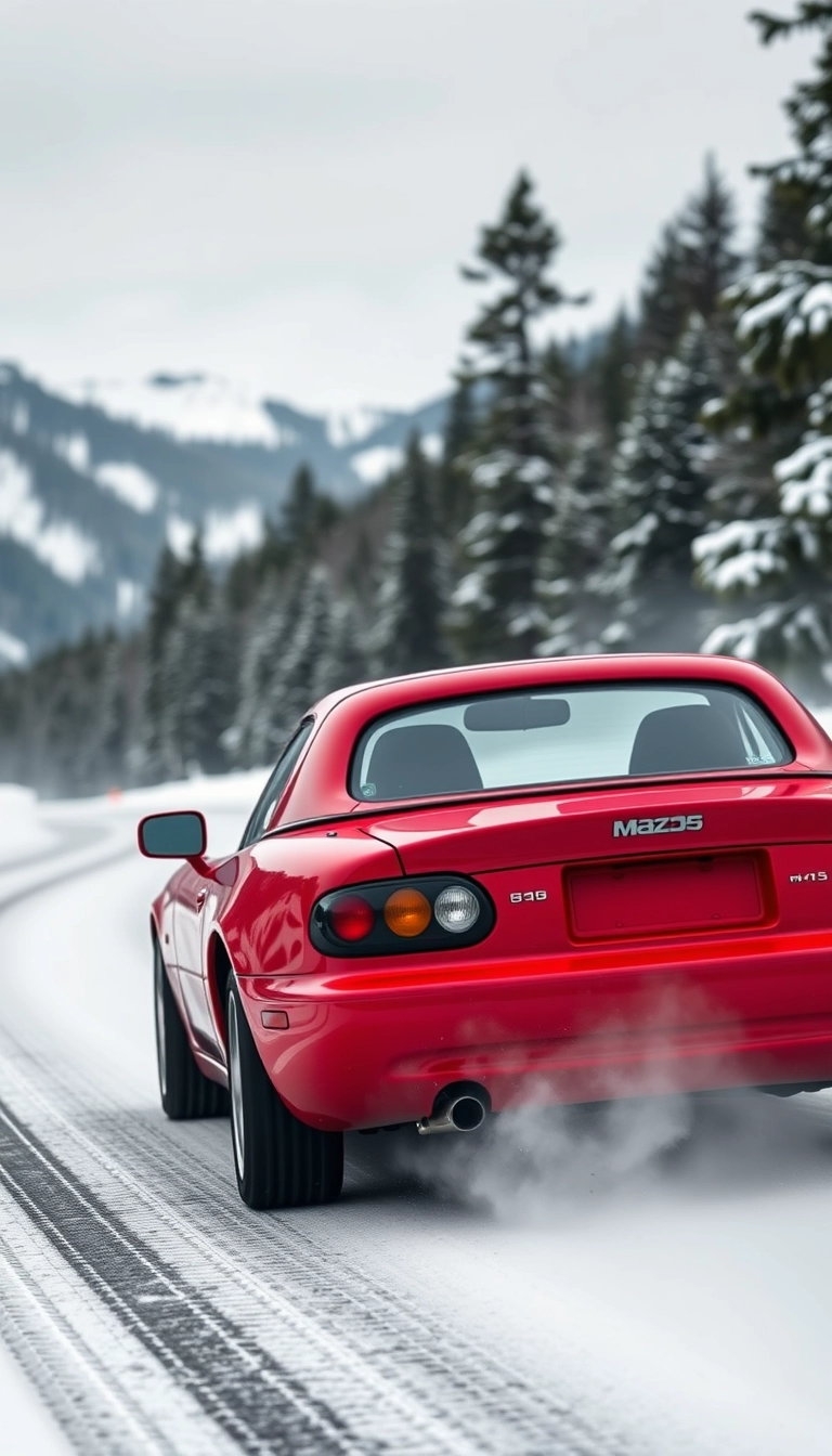 Create an image of a red 1991 Mazda mx5 drifting on a snowy mountain road. Remove the number plate of the car.