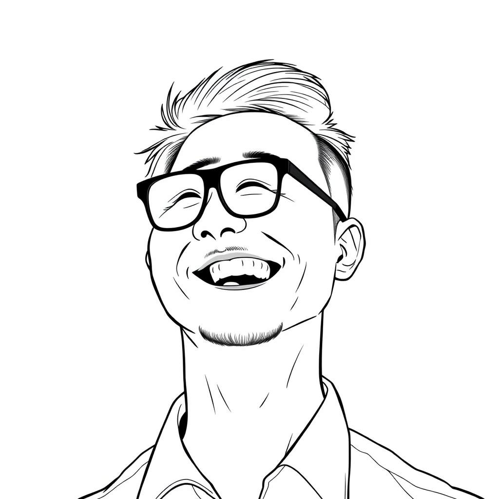 A cool black and white line drawing of a man's head, around 35 years old, with a short back hairstyle, Asian, wearing black-framed glasses for nearsightedness, a slightly short beard on his chin, dressed in a shirt, with a full face, a strong physique, clean and fresh skin, and laughing heartily. - Image