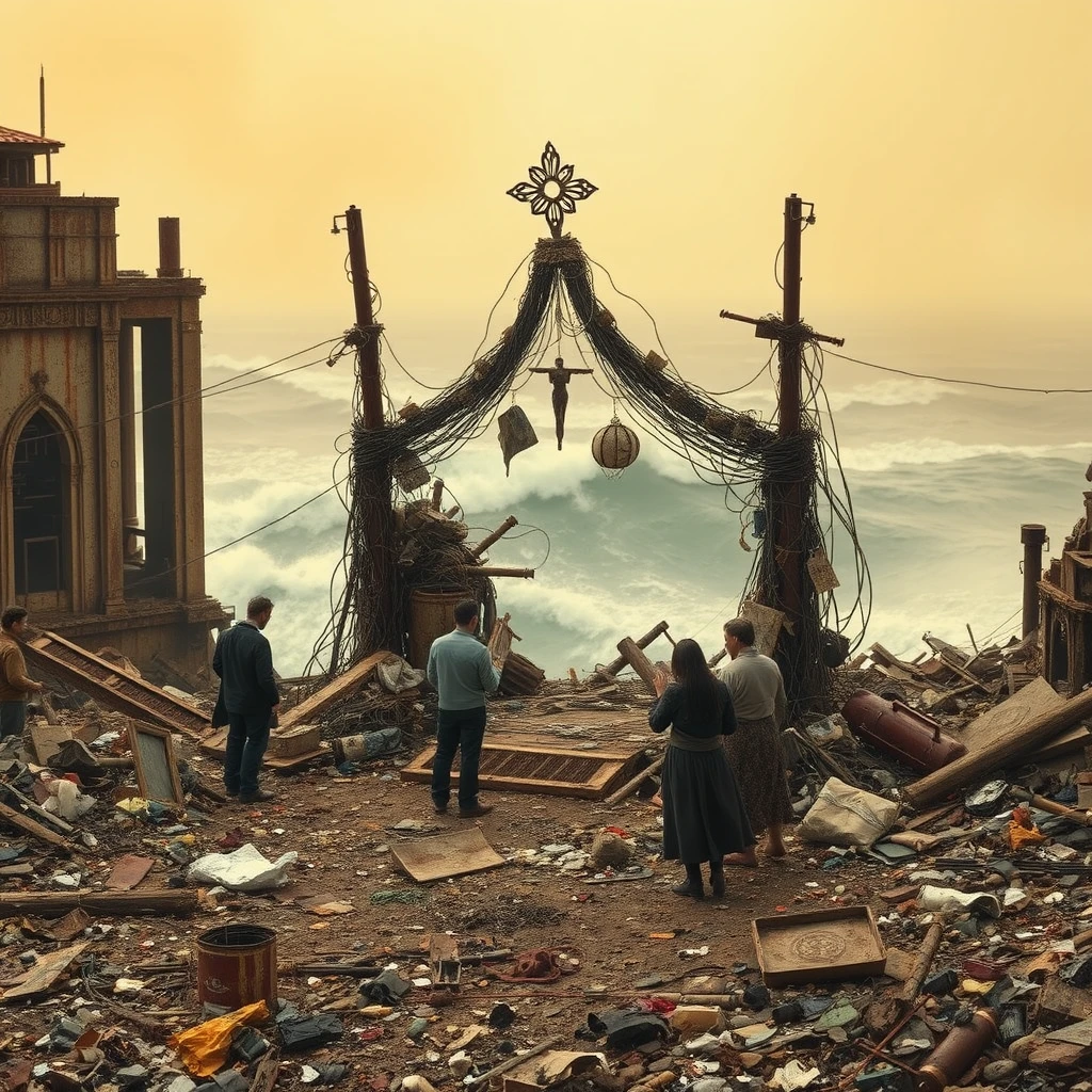 post-apocalypse landscape, ruins, rust, several people pray near a shrine made from garbage, wires, waste debris pieces, toxic waste, yellow haze, atmosphere of decay, the ocean is raging in the background - Image