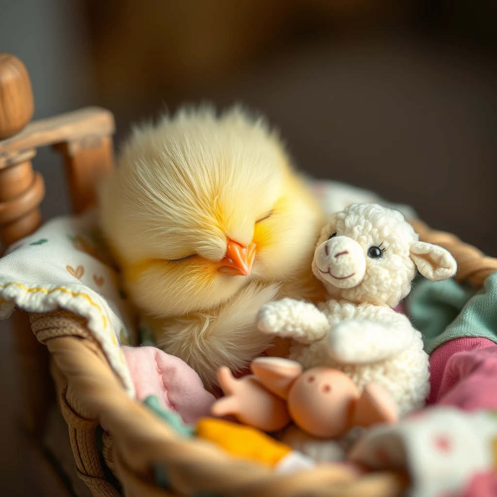 Sweet little delicate chick, cute with a small rounded beak, sleeping in its precious little bed with childlike details, wrapped in patchwork blankets, hugging a tiny cute stuffed sheep. - Image