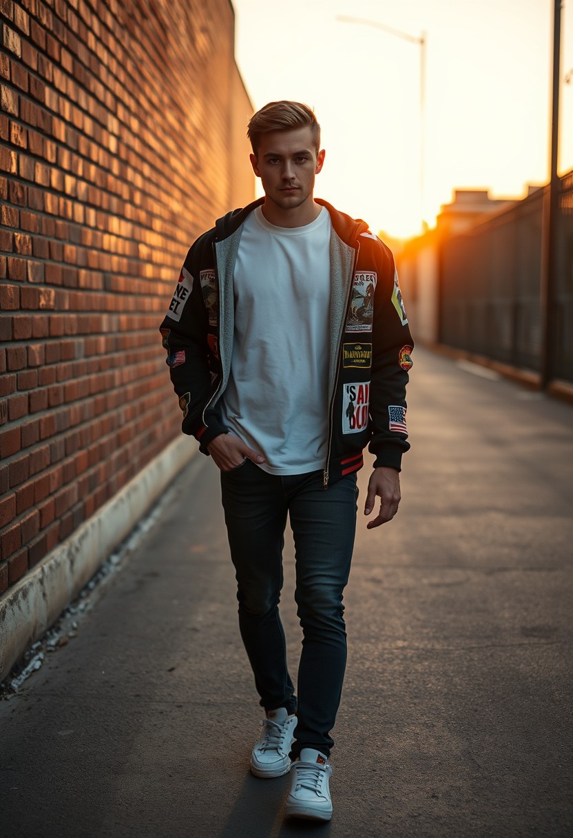 Freddie Prinze head and body shot, handsome, young, serious face, white T-shirt, collage jacket, skinny jeans, sneakers, walking hot style, hyper realistic, street photography, brick wall, full body photo, sunrise. - Image