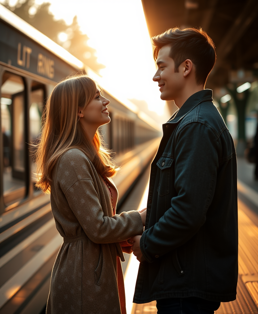 A romantic scene on the platform near the train, a young man and a girl in love look at each other with tenderness, the atmosphere is filled with love and sunshine.