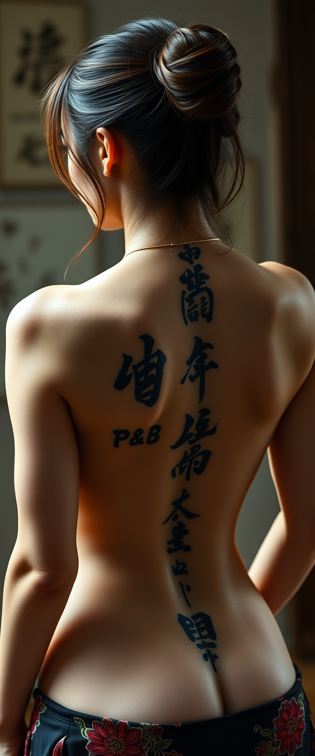 Tattooed back of muscular Korean women with white skin. - Image