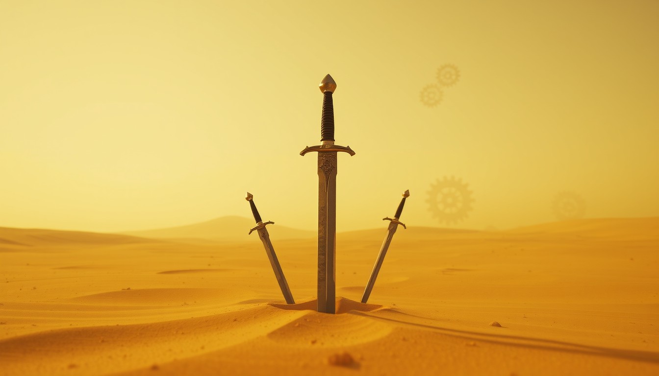 In a barren desert, yellow sand floats in the sky. A knife and a sword were inserted into the desert, with more swords slanted into the ground in the distance. Three huge gears were faintly seen floating in the sky.