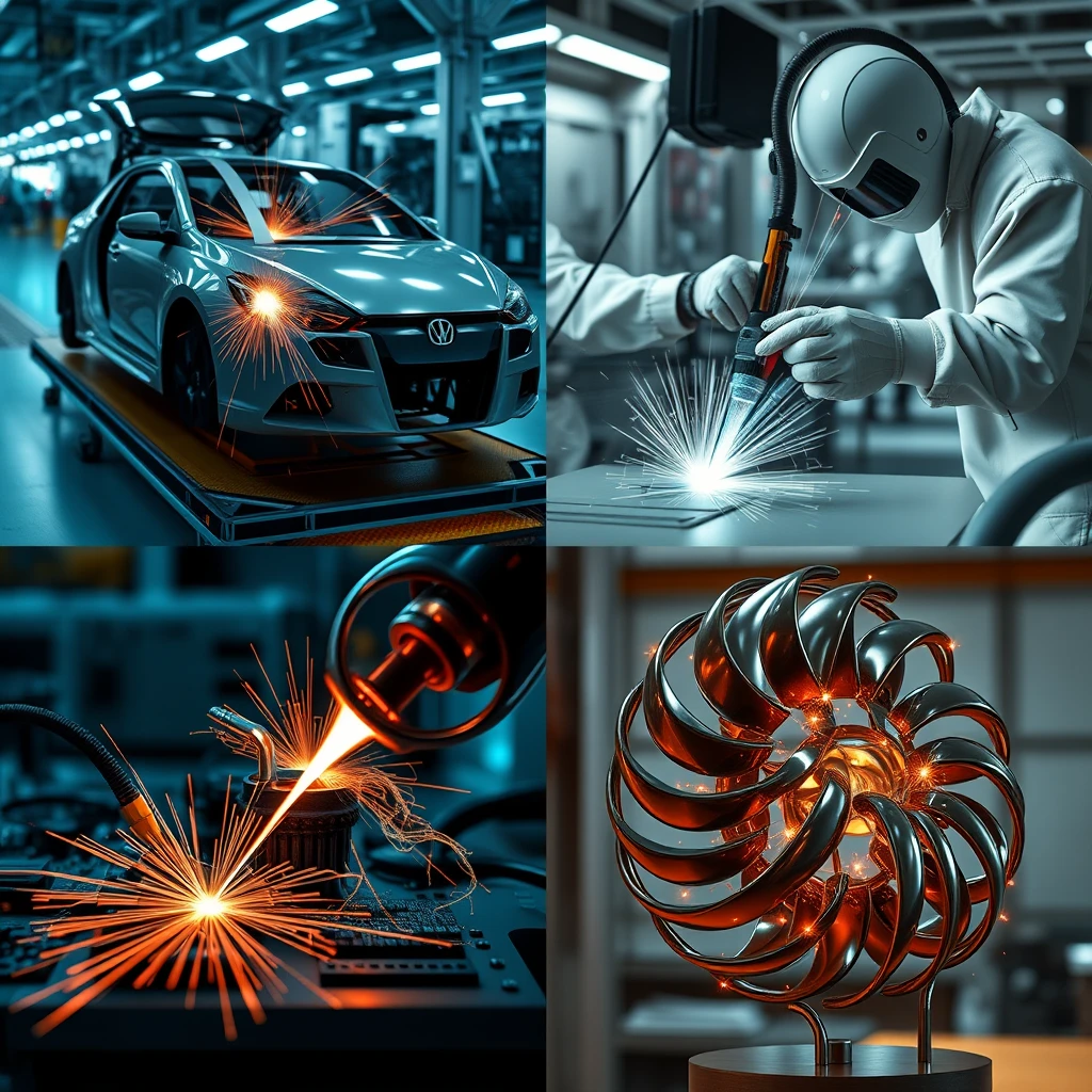 Create a high-resolution (8K) image divided into four equal quadrants, each depicting a different scenario of laser welding in action. The overall image should be photorealistic and showcase the versatility of laser welding technology.
Overall Composition:

2x2 grid layout, each quadrant seamlessly blending into the next
Consistent lighting and color grading across all quadrants for visual cohesion
Each quadrant should be distinct yet part of a harmonious whole

Quadrant 1: Automotive Manufacturing

Setting: Modern car assembly line
Focus: Laser welding robot precisely joining car body panels
Details: Sparks flying, partially assembled car body visible

Quadrant 2: Electronics Microwelding

Setting: Clean room environment
Focus: Technician using a precision laser welder on a circuit board
Details: Magnifying glass view of miniature components being welded

Quadrant 3: Aerospace Component Fabrication

Setting: High-tech aerospace facility
Focus: Large-scale laser welding of a turbine or rocket component
Details: Complex geometries being welded, engineers monitoring process

Quadrant 4: Artistic Metal Sculpture Creation

Setting: Artist's workshop or studio
Focus: Artist using handheld laser welder on an abstract metal sculpture
Details: Creative environment, mix of raw materials and finished art pieces

Technical Aspects:

Ultra-high definition to show fine details in each quadrant
Balanced exposure to capture both bright welding areas and surrounding details
Subtle depth of field effect to guide focus in each scene

Lighting and Atmosphere:

Dynamic lighting showcasing the intense glow of laser welding
Appropriate safety measures visible in each scenario (protective gear, shields)
Each quadrant with its unique mood: industrial, sterile, high-tech, and artistic respectively

Color Palette:

Cool blues and whites for the welding light
Warm oranges and reds for sparks and heated metal
Varied background colors to differentiate each setting

Additional Elements:

Visible laser beams where appropriate
Computer monitors or control panels in relevant scenes
A mix of robotic and human-operated welding to show versatility

Style Notes:

Photorealistic rendering as if captured by a professional photography team
Cinematic quality with attention to composition in each quadrant
Emphasis on the precision and power of laser welding technology

Avoid:

Unrealistic or exaggerated welding effects
Unsafe practices or lack of proper safety equipment
Overly cluttered scenes that detract from the main focus of each quadrant

This quadrant image should effectively showcase the diverse applications of laser welding technology across different industries and settings, from precision electronics to large-scale manufacturing and artistic creation. - Image