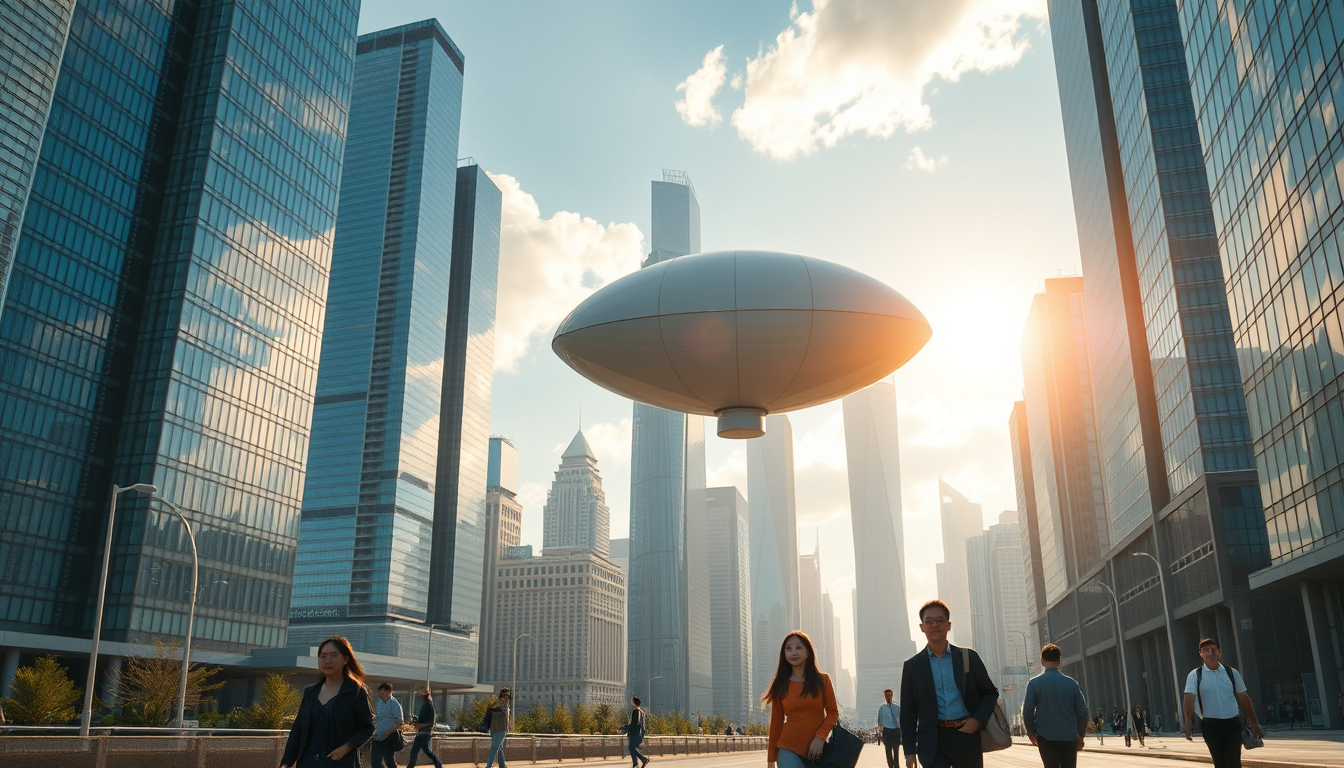 Create a stunning high-resolution image of the city of the future. The skyline should be filled with towering skyscrapers. It includes a light-colored oval balloon-type robot flying rapidly through the air, with tiny black balancers on either side of the balloon. There are some people walking on the street, Asian faces, wearing fashionable and avant-garde clothes, creating a laid-back and pleasant atmosphere. The visual focus of the image highlights small balloon-type robots patrolling the air for safety, very beautiful clouds, and gorgeous sunlight reflecting off the glass surfaces of the buildings, creating an atmosphere of excitement and innovation. Very clear and realistic details, 32K, top view. - Image