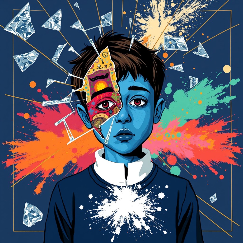 A boy with blue skin and an abstract broken face, surrounded by glass breakage and gold lines in a dark blue background, with a colorful explosion of spilled powder. Illustration style, Andy Warhol style, Picasso style.