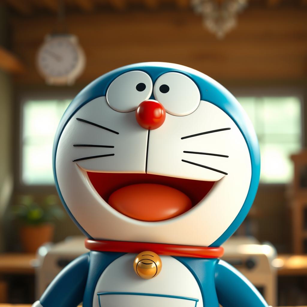 Pixar style, mouth opened smiling Doraemon, hyper-realistic camera style, lifelike details, high-resolution texture, vivid colors, sharp focus, natural lighting, photorealistic quality, cinematic depth of field, true-to-life portrayal, full body, Doraemon 2 style.