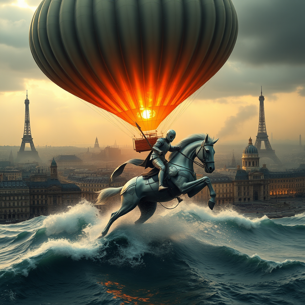 Giant air balloon with a giant flame underneath floating over vintage Paris in the style of the universal exhibition 1900, retro futuristic aesthetic, giant waves flooding the city as a knight of the apocalypse riding a silver mechanical horse with silver armor gallops slicing through the water, under a stormy sky, doomsday, apocalypse, steampunk, backlight, mist, and fire embers.