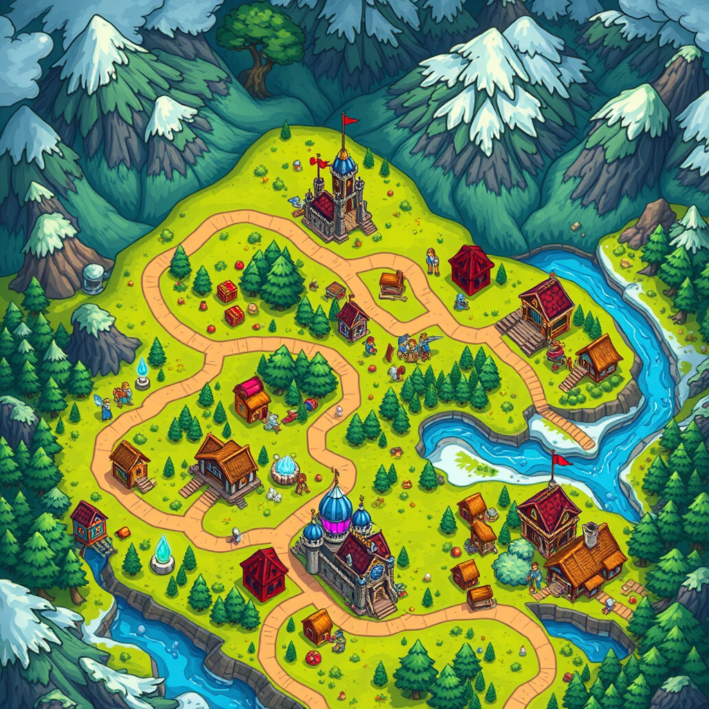 A detailed fantasy tower defense map inspired by Kingdom Rush, featuring a vibrant and colorful fantasy landscape with forests, mountains, rivers, and villages. The map has a top-down view with winding paths for enemy waves to travel along, strategically placed towers and defense structures, and various environments including grassy fields, snowy regions, and desert areas. The style is cartoonish with vibrant colors and whimsical details, and the map includes medieval castles, watchtowers, defensive walls, enemy encampments, villages with thatched-roof houses, and mystical elements like glowing crystals and enchanted forests. The map should have a hand-drawn aesthetic with rich textures and intricate details.