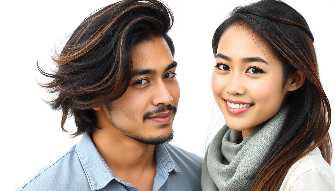 Handsome man and beautiful teenage woman couple from Indonesia with great hair, on a pure white background.