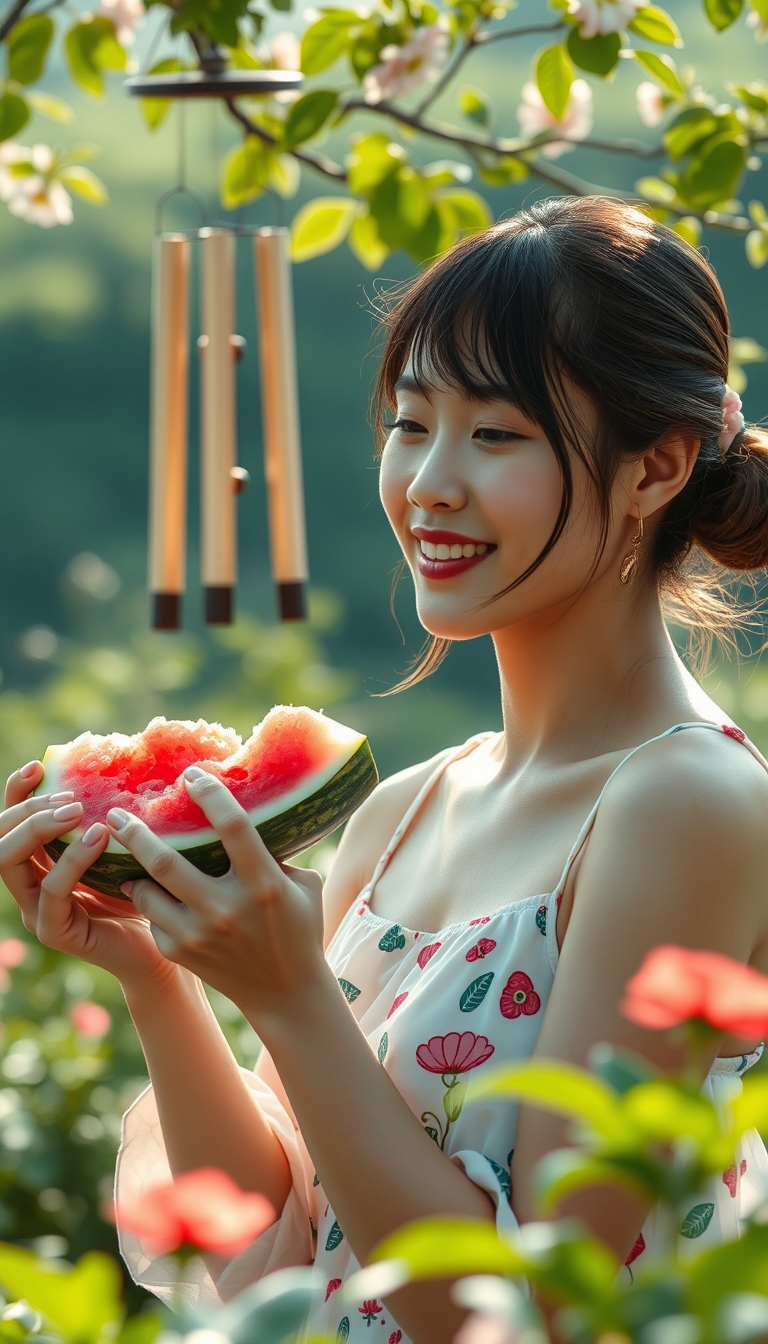 "Summer scenery in Japan 
A beautiful woman happily eating watermelon, wind chimes 
Nostalgic, photorealistic, RAW, HD, 8K"