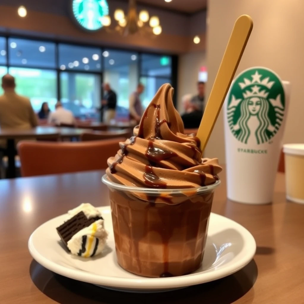 Chocolate ice cream, dessert, Starbucks, warm atmosphere. - Image