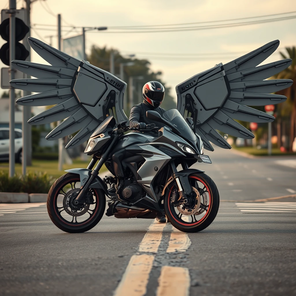 At the crossroads, someone is riding a smart motorcycle, which has enormous mechanical wings.