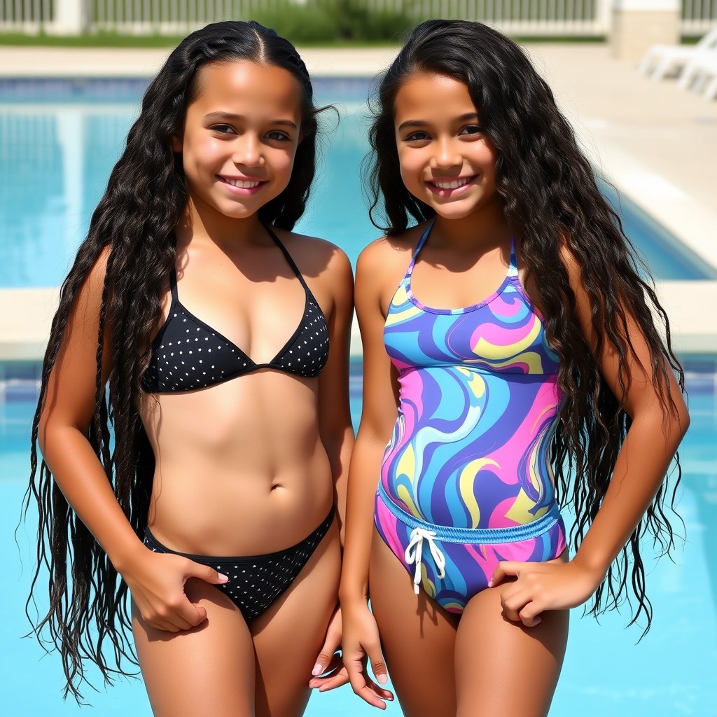 Create a photo: Two girls from the 6th grade stand in swimwear in front of a pool.