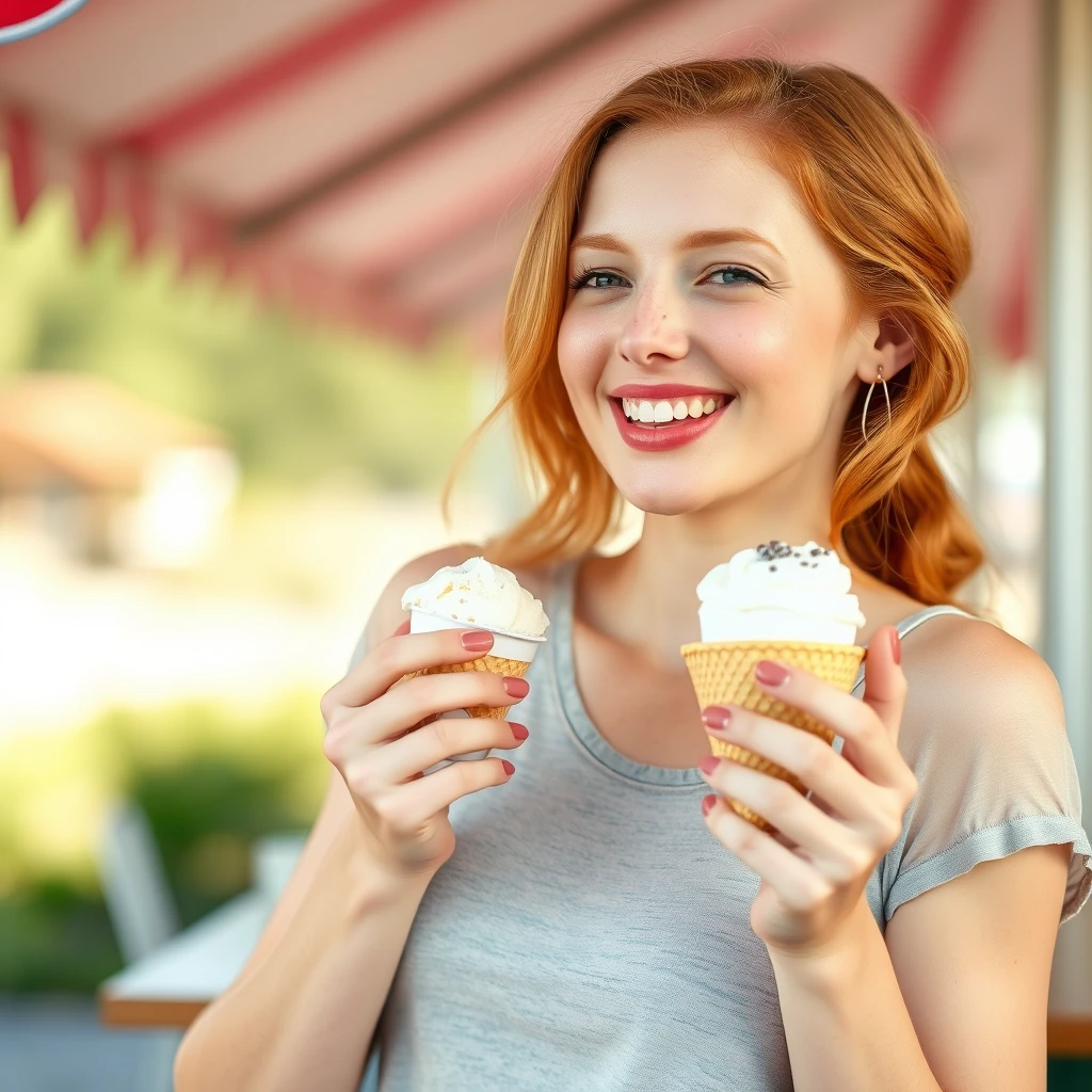 beautiful young redheaded woman eating ice cream.