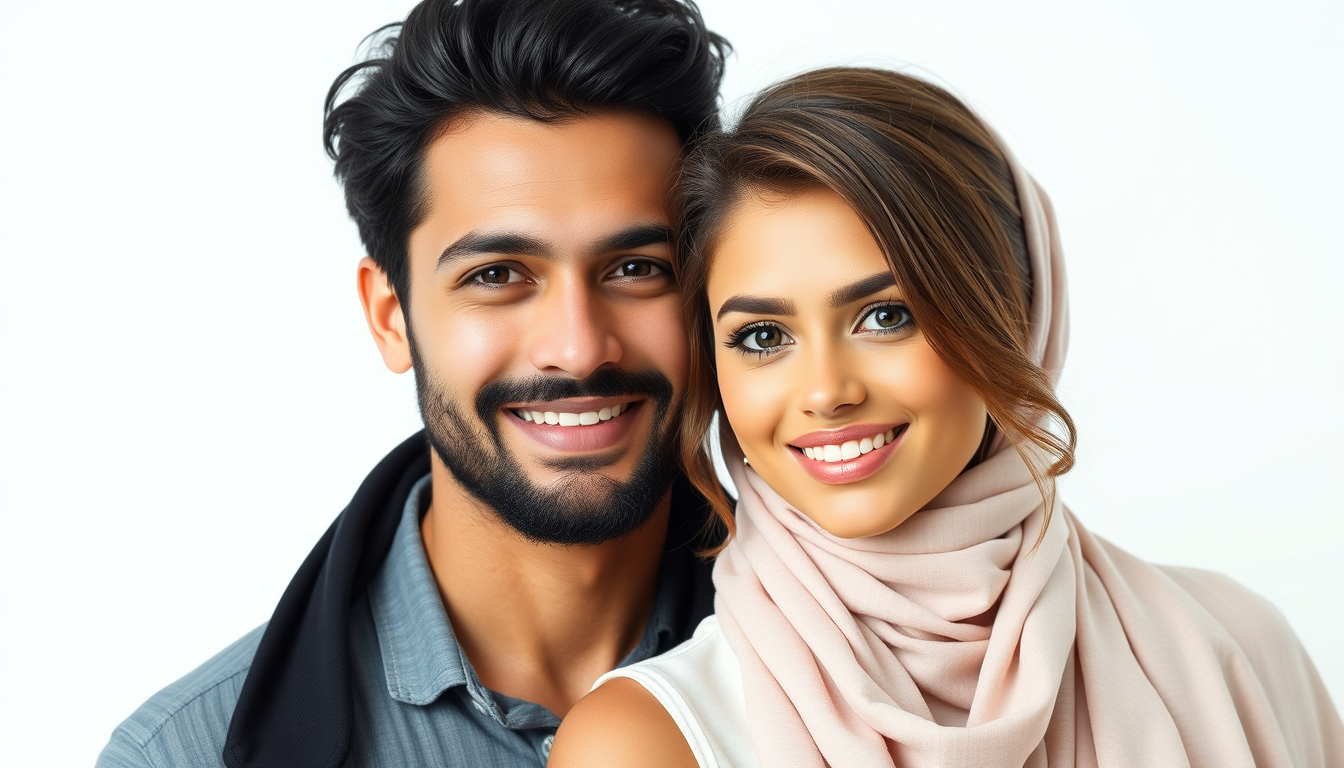 Handsome man and beautiful teenage woman couple from Qatar with great hair, against a pure white background. - Image