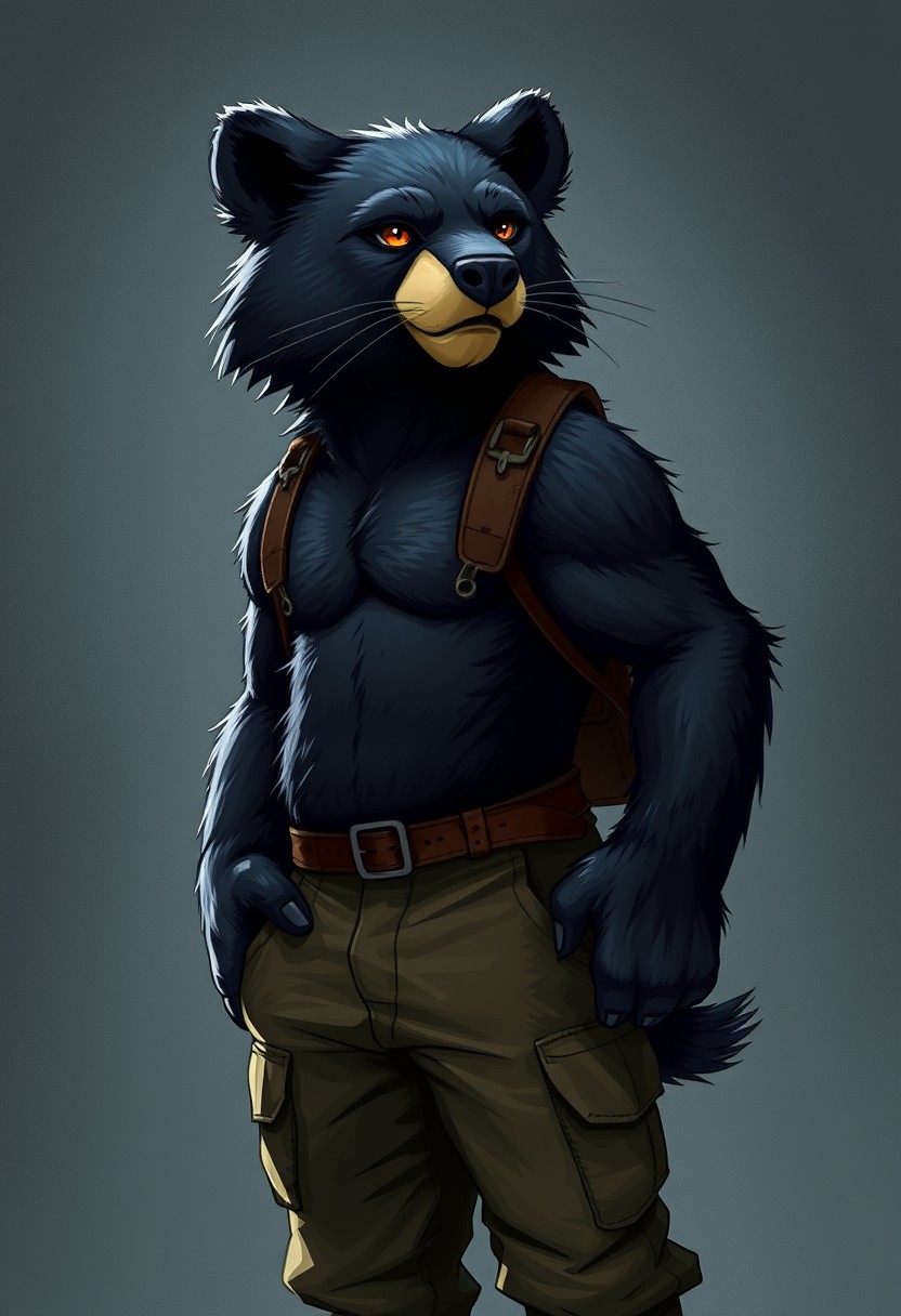 Furry art, anthropomorphic black bear cougar hybrid. Wearing cargo pants.