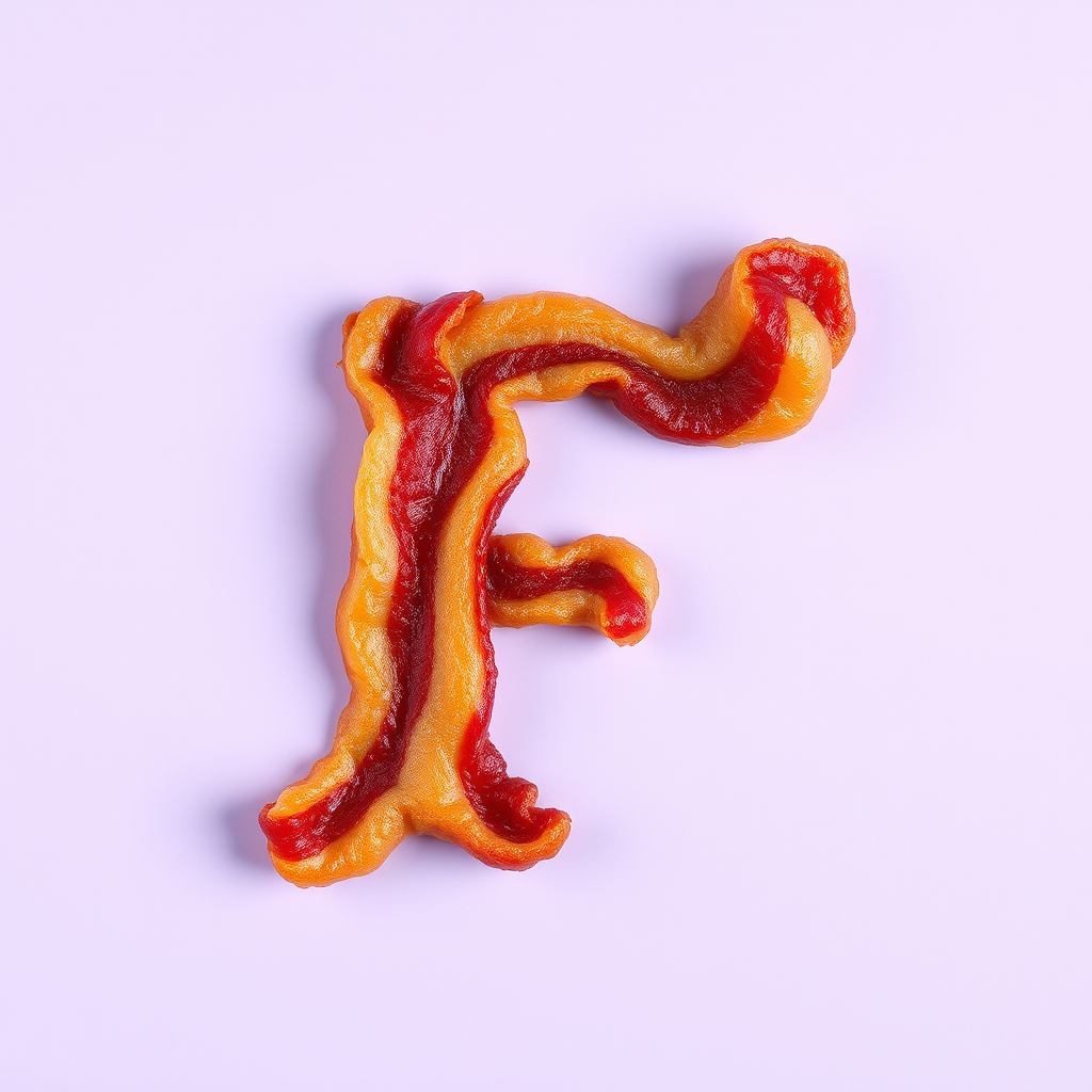 A letter "F" made of fried bacon in a light purple background, realistic photograph. - Image