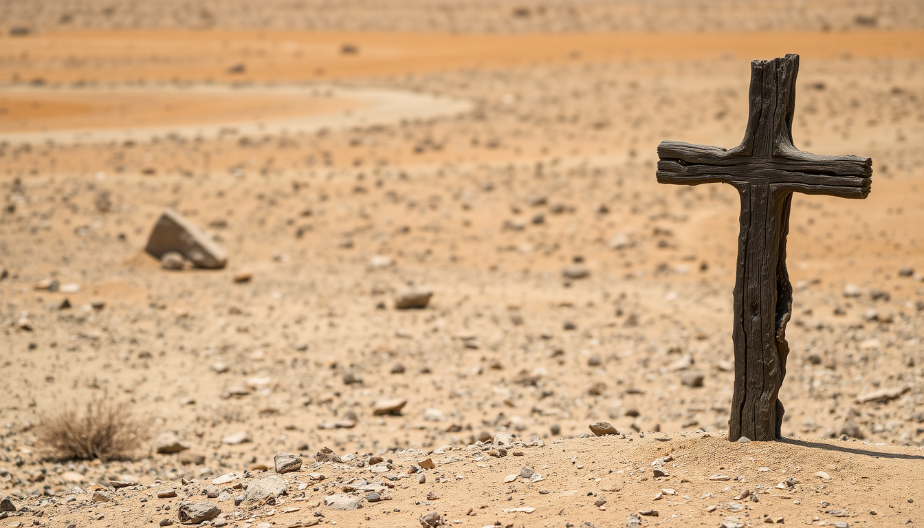 An old wooden cross in the middle of a barren desert. The cross is standing upright on the right side of the image. The cross is made of badly damaged dark wood and appears to be old and weathered, with visible damage from wet and dry rot. The overall scene is desolate.