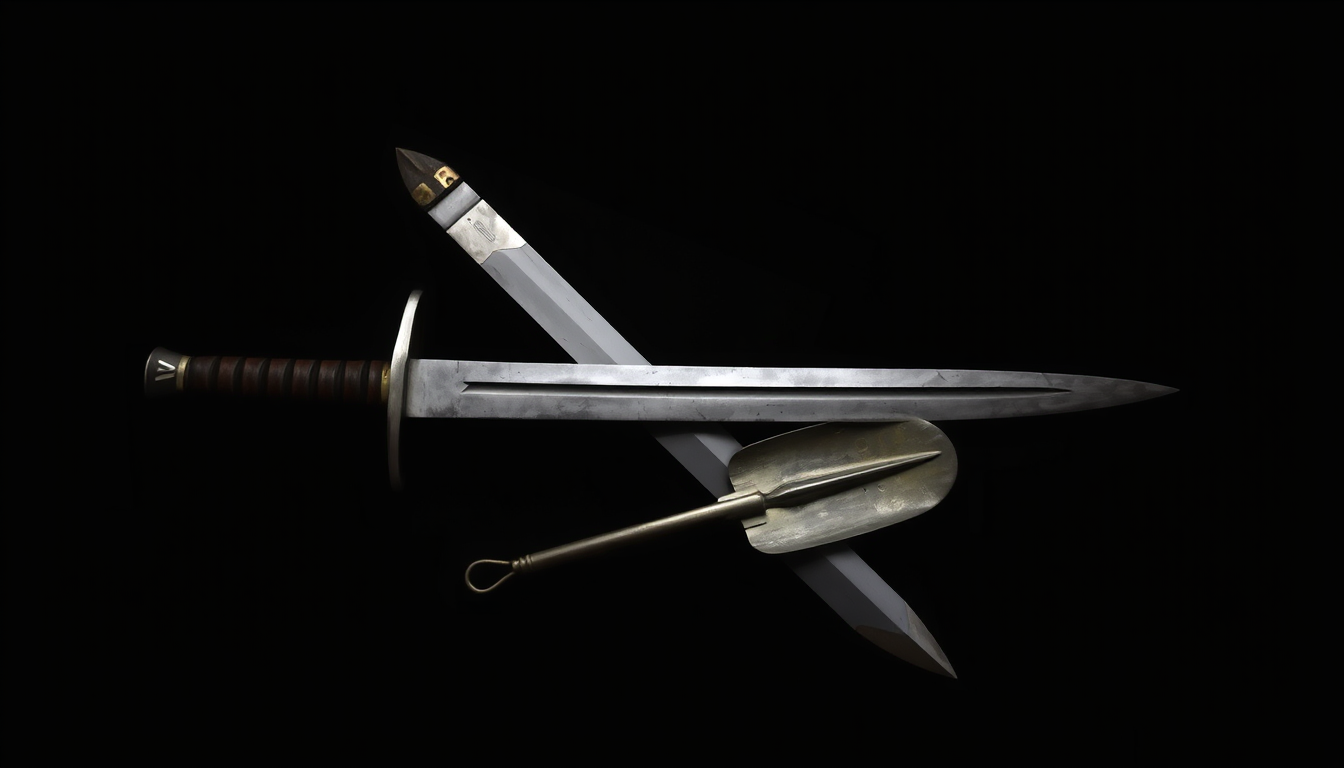 A collection of two items, a sword and a trowel, lies across on a dark surface. The sword lays diagonally. Next to the sword is a trowel. The background is dark, emphasizing the timeless and mysterious aura of the scene.