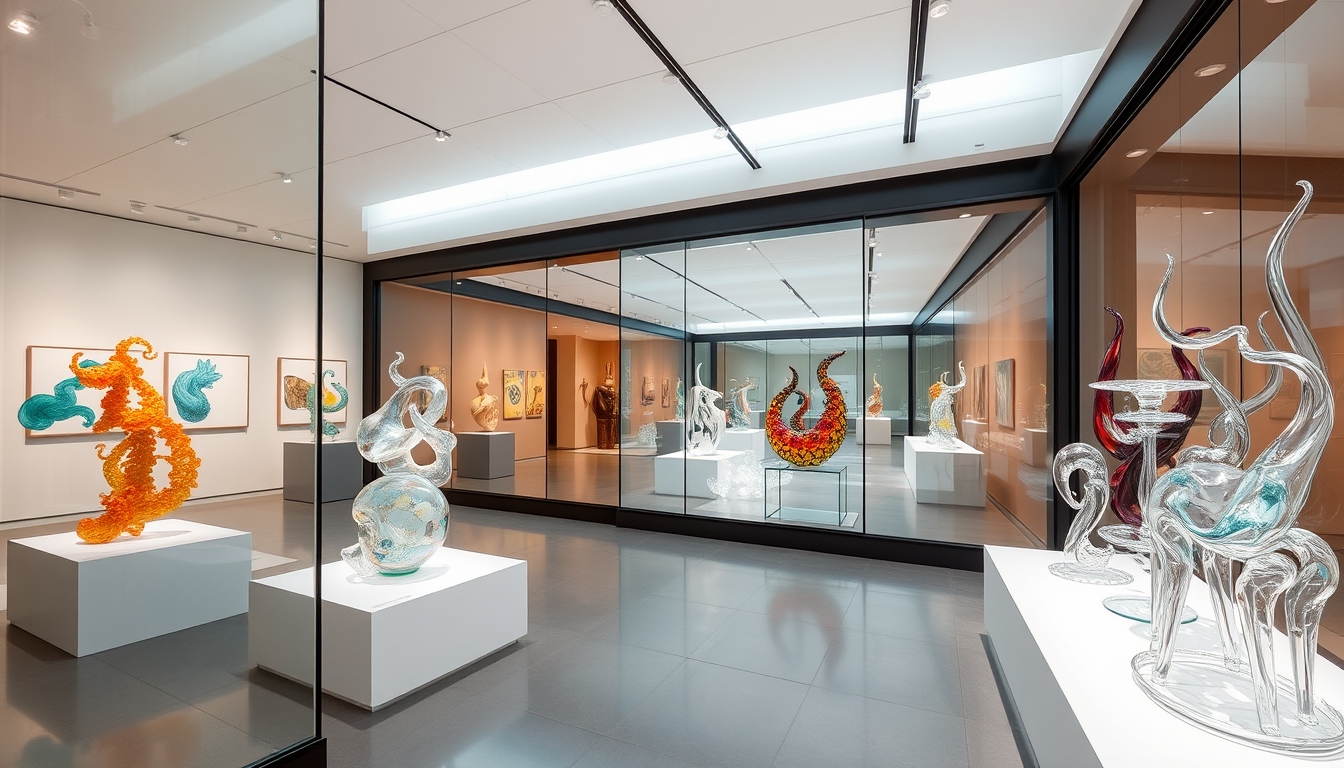 A modern art gallery with glass walls, showcasing contemporary glass sculptures.