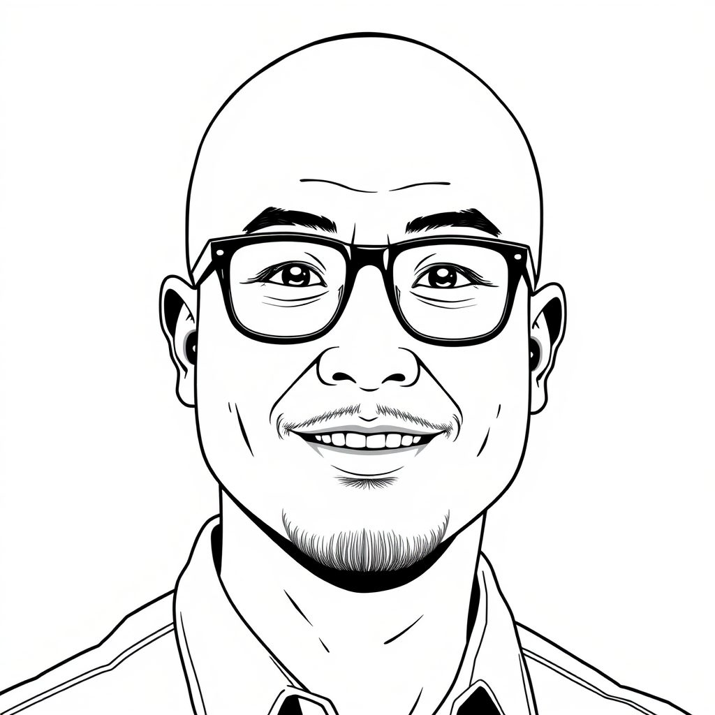 A cool black and white line drawing of a man around 35 years old, with a buzz cut, Asian descent, wearing black, thin-framed glasses, a slightly short beard on his chin, a shirt, a full face, clean and fresh skin, a slightly overweight physique, and a big smile.