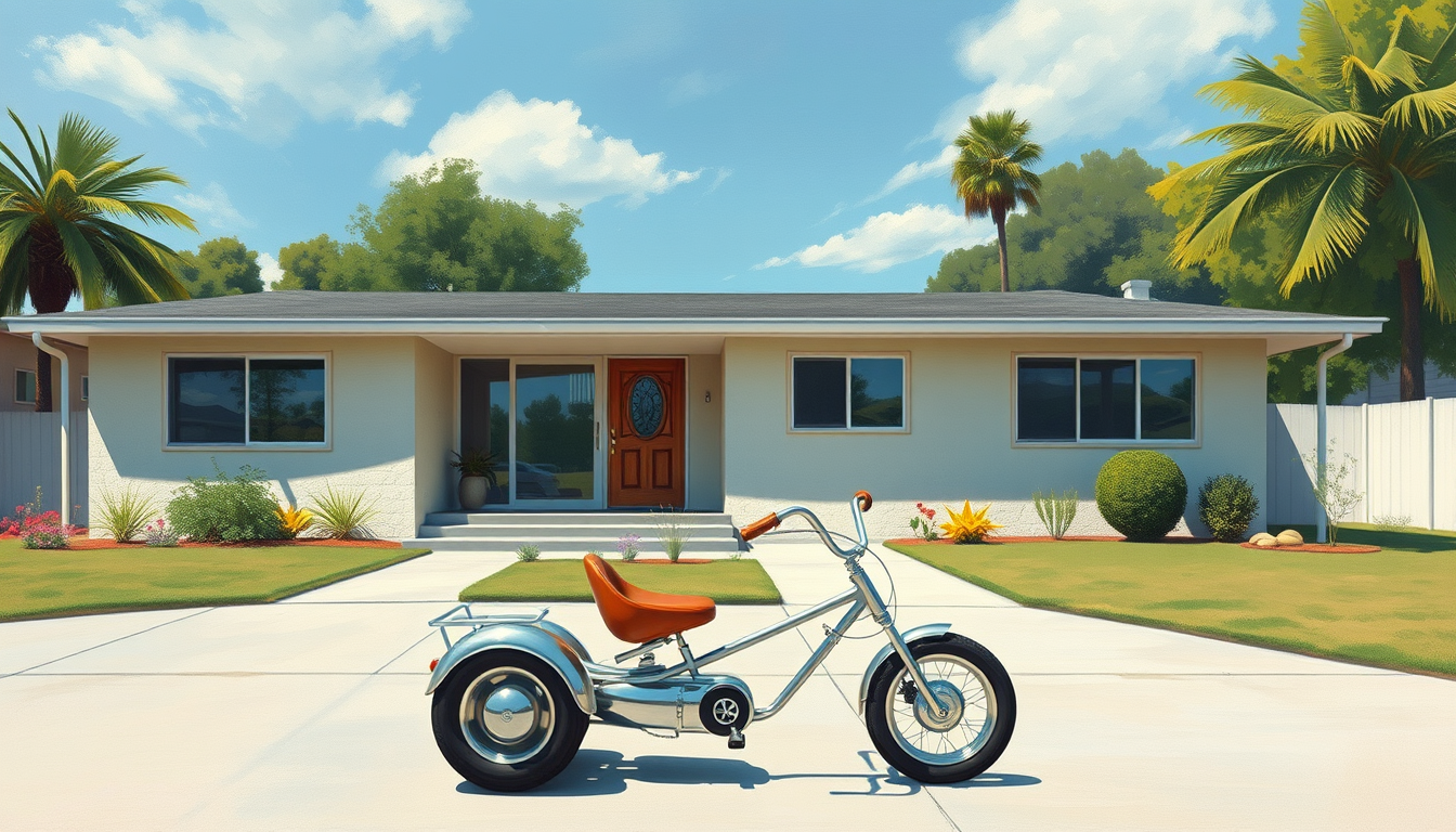 A mid-century modern house with a tadpole trike in front, a painting by Syd Mead, 4K. - Image