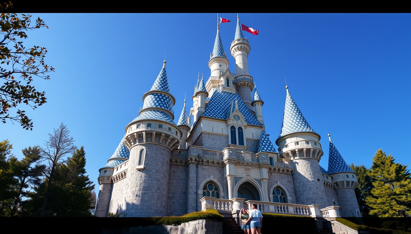 A whimsical fairy tale castle with glass turrets sparkling in the sunlight.