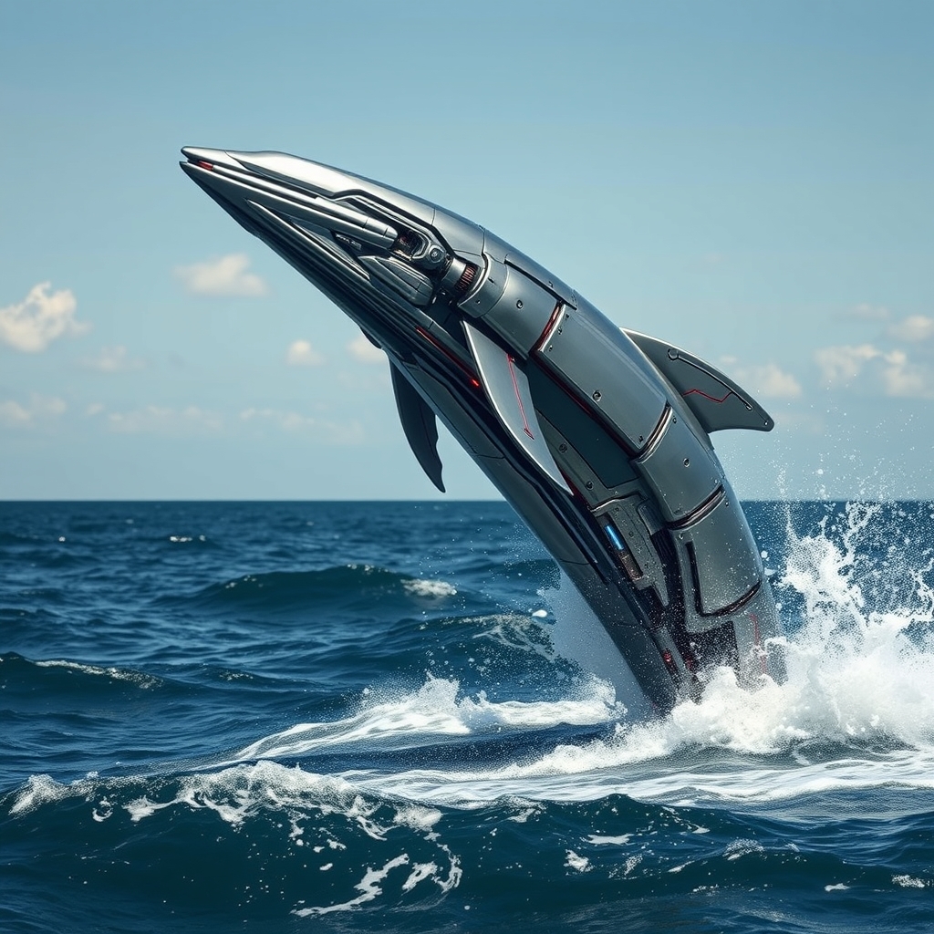 A cybernetic whale leaping dramatically above the ocean waves. The whale's body, an impressive fusion of organic and mechanical elements, gleams with sleek metal plating and intricate circuits and red LED lamps. Its skin features panels and glowing blue lines, hinting at advanced technology integrated into its form. Water sprays off its metallic surface as it breaches, reflecting the sunlight and adding a dynamic sparkle to the scene. Below, the ocean waves churn and splash, contrasting with the whale's futuristic design. The background showcases a clear sky with a few scattered clouds, further emphasizing the grandeur of this extraordinary moment where nature meets technology.