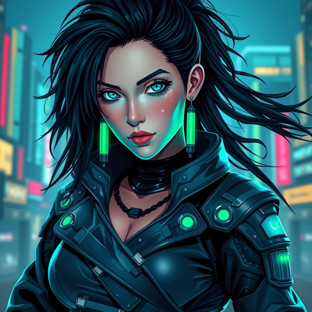 Cyber style of women warrior with rugged black hair and cybernetic implants | merging leather garments with futuristic cyberpunk elements | flowing robes and high-tech armor plating | dystopian cityscape background | in deep blue and neon green. hyper-real, 8k, AR, cute face style. - Image