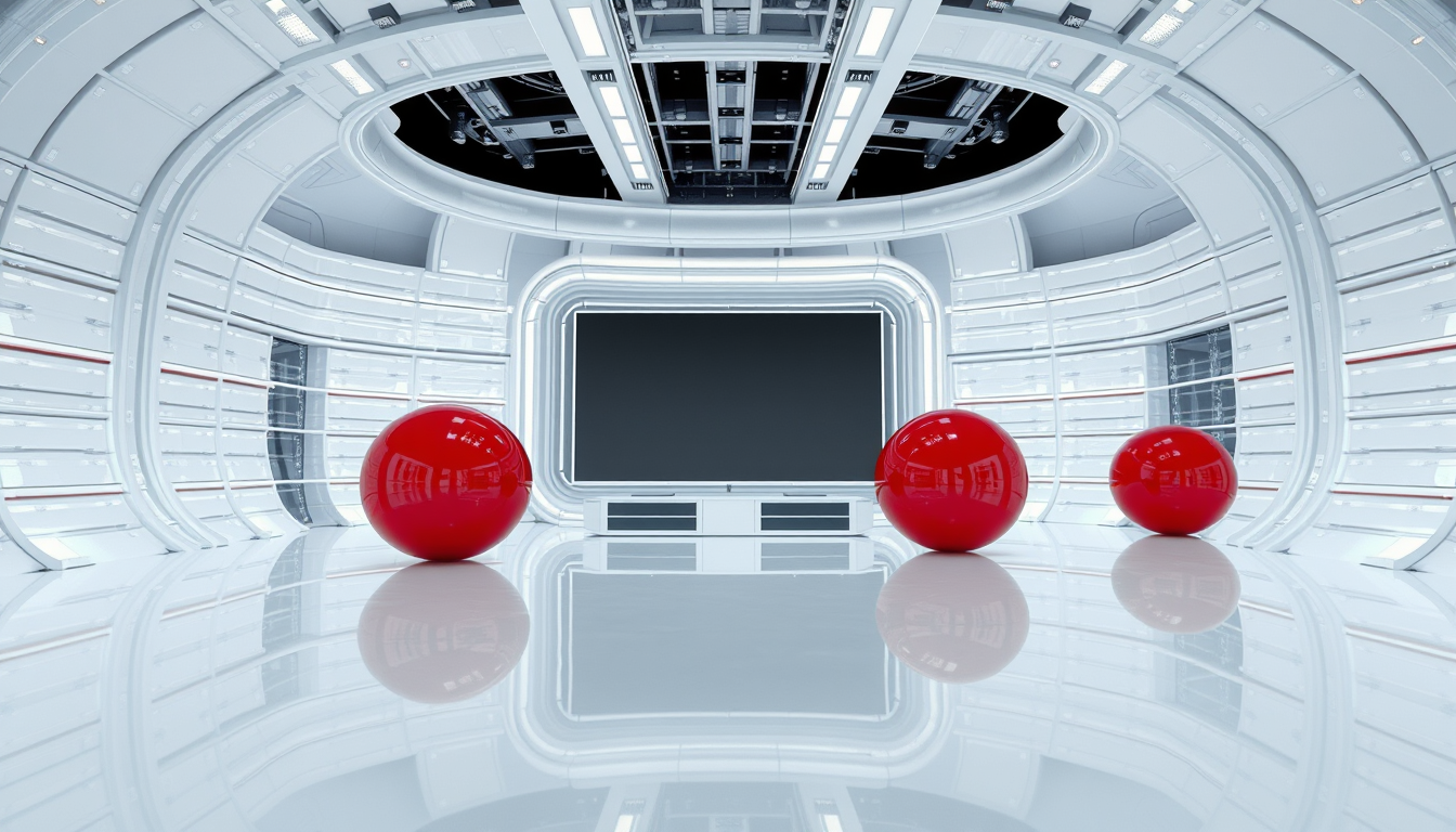 An eye-level, wide-angle shot of an empty fantasy, futuristic, and alien virtual TV studio that features horizontally and vertically curved structures covered in white metallic reflective material. There are no people in it, only a stage, a massive TV screen with white metallic frames, and many transparent glass partitions. In the background, there are a few spherical red objects with reflective, metallic surfaces that resemble large, smooth capsules. These objects are positioned on a sleek, ultra-white shiny floor that reflects their surfaces. The focus is the sleek horizontally and vertically curved architecture covered in white metallic reflective material, the stage, and the TV stand. - Image