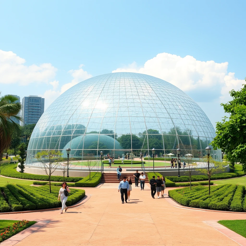 "A dome-shaped outdoor park where people peacefully stroll and relax, regardless of whether it’s raining or the sun is shining hot, in any kind of weather." - Image