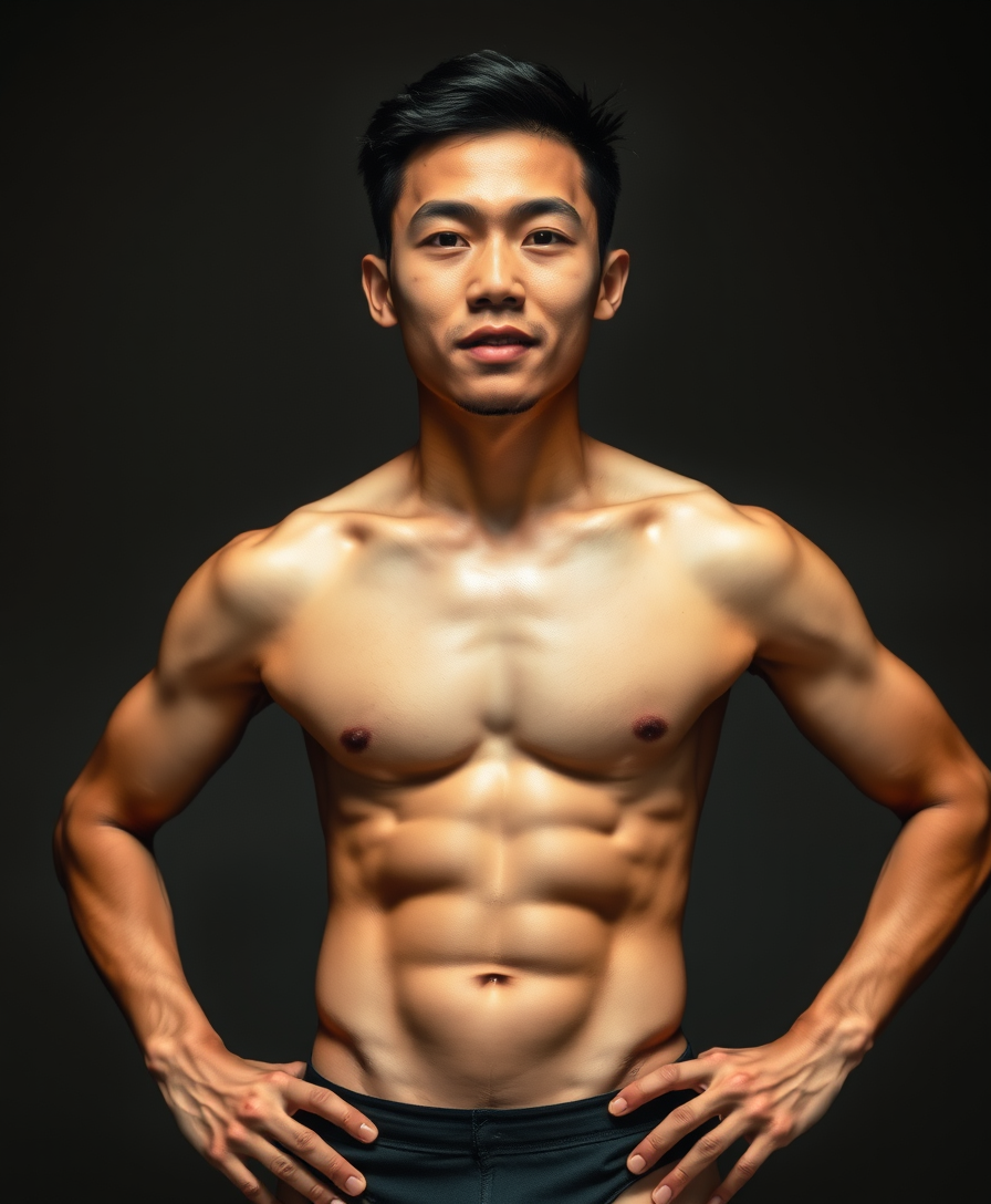 Six-pack Asian man, no shirt, only underwear. - Image