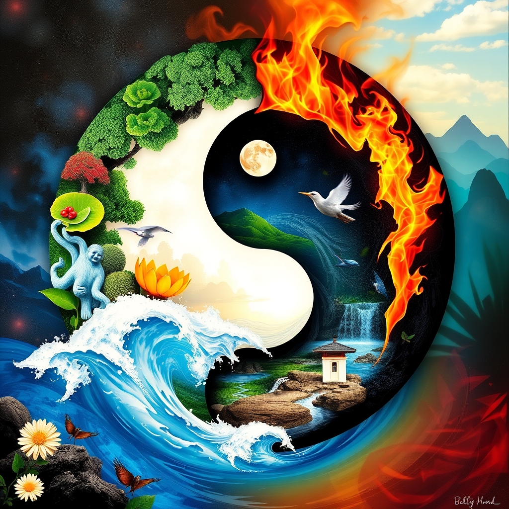 Wallpaper art featuring the yin and yang symbol, filled with scenes and examples of the four elements: earth, water, fire, and air, in vivid colors, evoking positive emotions. - Image