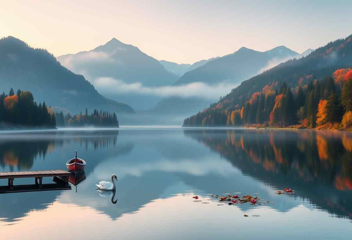 Peaceful, serene lake, mirror-like surface, misty morning, high quality, photorealistic, majestic mountains, pine trees, colorful autumn foliage, reflection, tranquil, secluded, remote, idyllic::0.7 kayaking, canoeing, fishing, wooden dock, rowboat, swans, water lilies, sunrise, sunset.