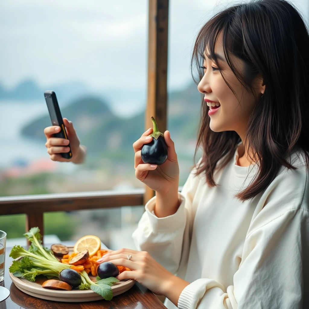 "Korean young woman eating eggplant recording journey moments, good mood, soul relaxation, Cheung Chau Island adventure, photorealistic style" - Image