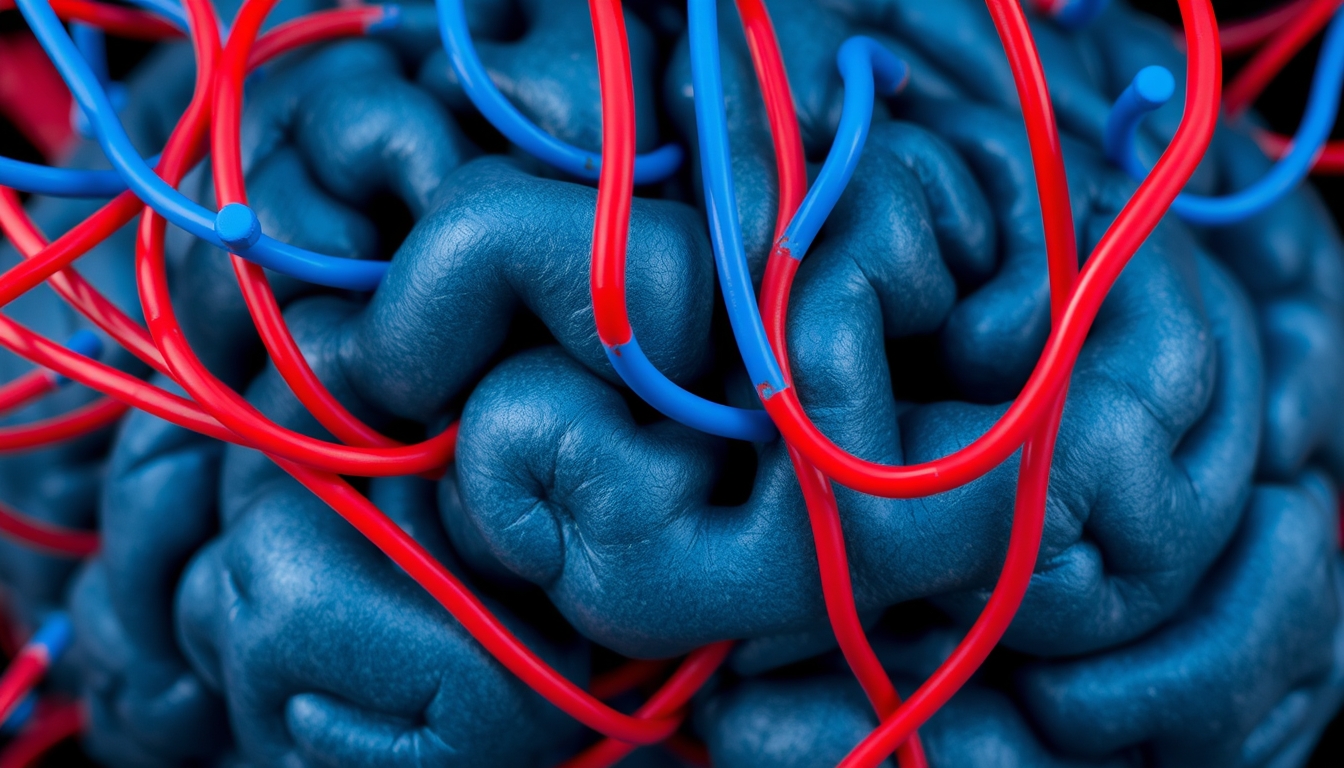 A close up of a brain with many blue and red wires.