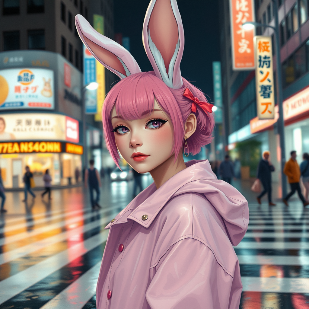 8k photo portrait of a stunning rabbit woman with pink hair in a pastel raincoat, looking at the camera, at a bustling crosswalk at night, wet reflections, Highly Detailed, studio ghibli, akira toriyama, james gilleard, genshin impact, trending pixiv fanbox, acrylic palette knife, 4k, vibrant colors.