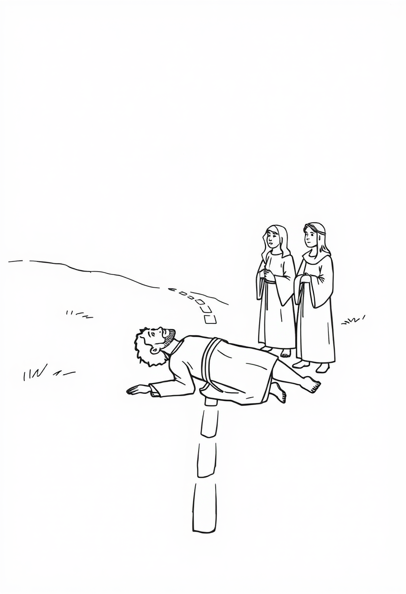 Coloring book page. Simple black and white sketch of Paul's conversion on the road to Damascus: A figure (Paul) fallen on a road. Include a bright light source from above. Add other figures (companions) standing nearby, looking confused. White background, black and white drawing, sharp black lines.