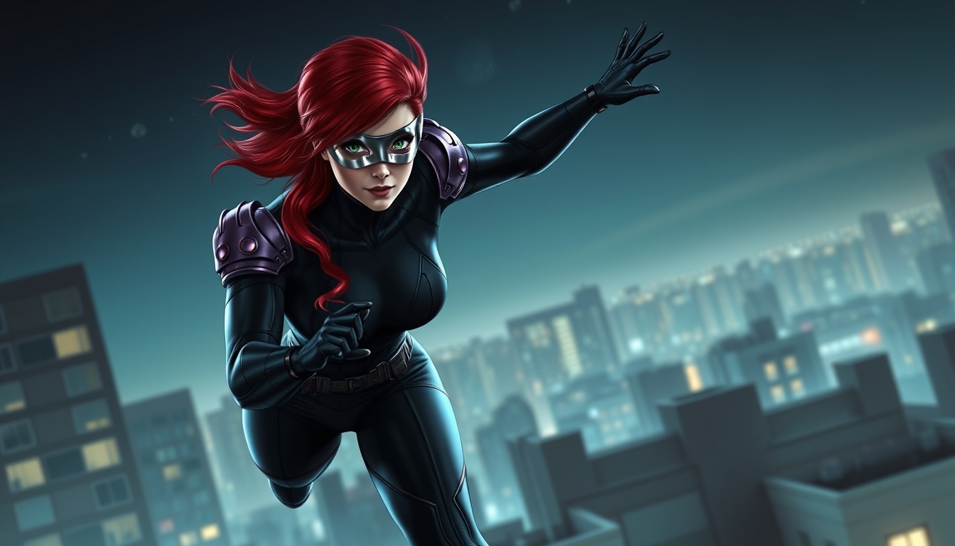 red head with dark green eyes, metallic eye mask, a black futuristic spandex outfit with dark purple armor on her shoulders, jumping rooftops in the night sky, realistic and dynamic appearance - Image