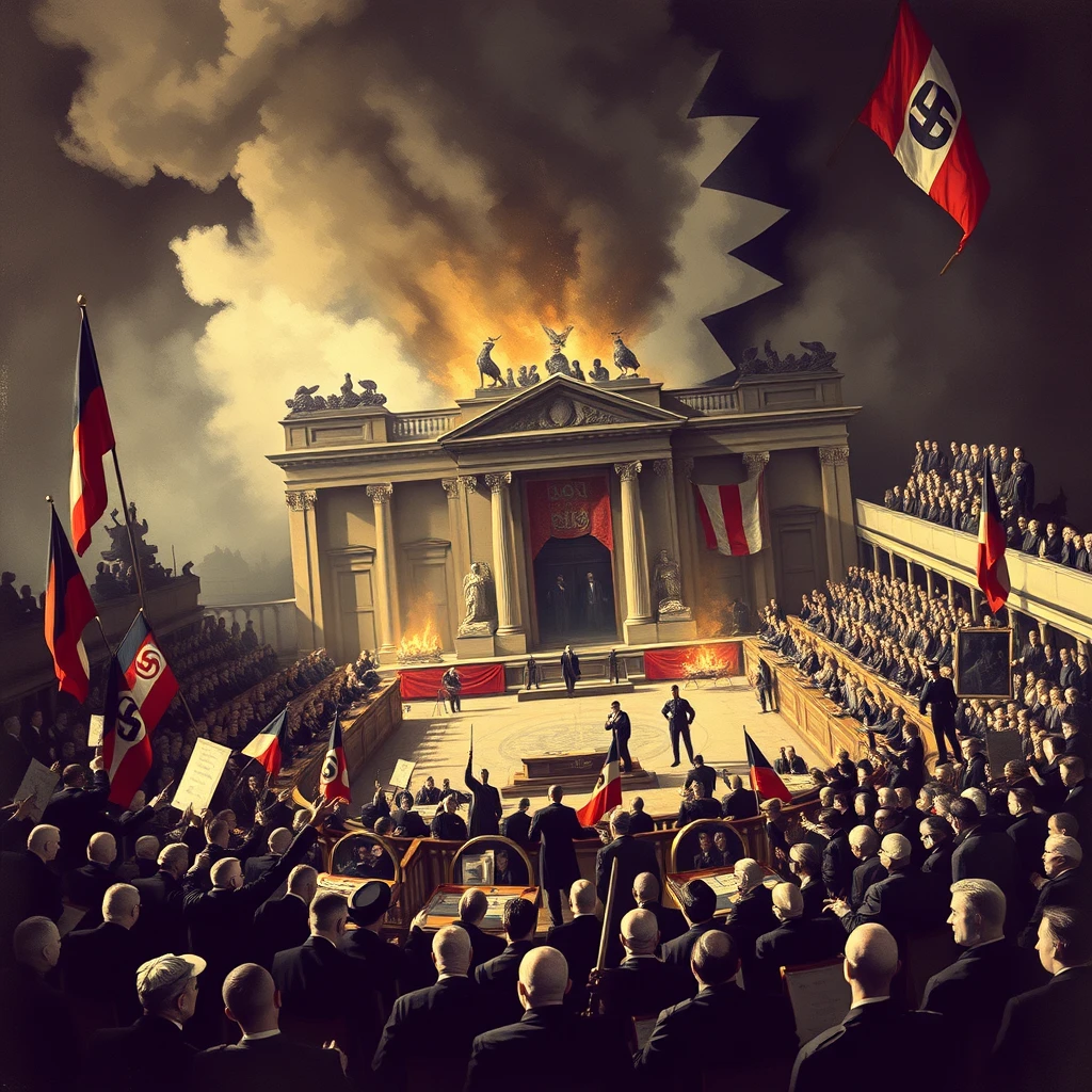 "Depict the political instability in Germany during the Weimar Republic, with sharp divisions between the left and right. Show the rise of extremist groups gaining influence as the political center weakens. The parliament should appear dysfunctional, with constant government changes, symbolizing its inability to govern effectively. The image should also convey the growing disillusionment among the people, as they lose faith in democracy amidst the chaos and power struggles." - Image