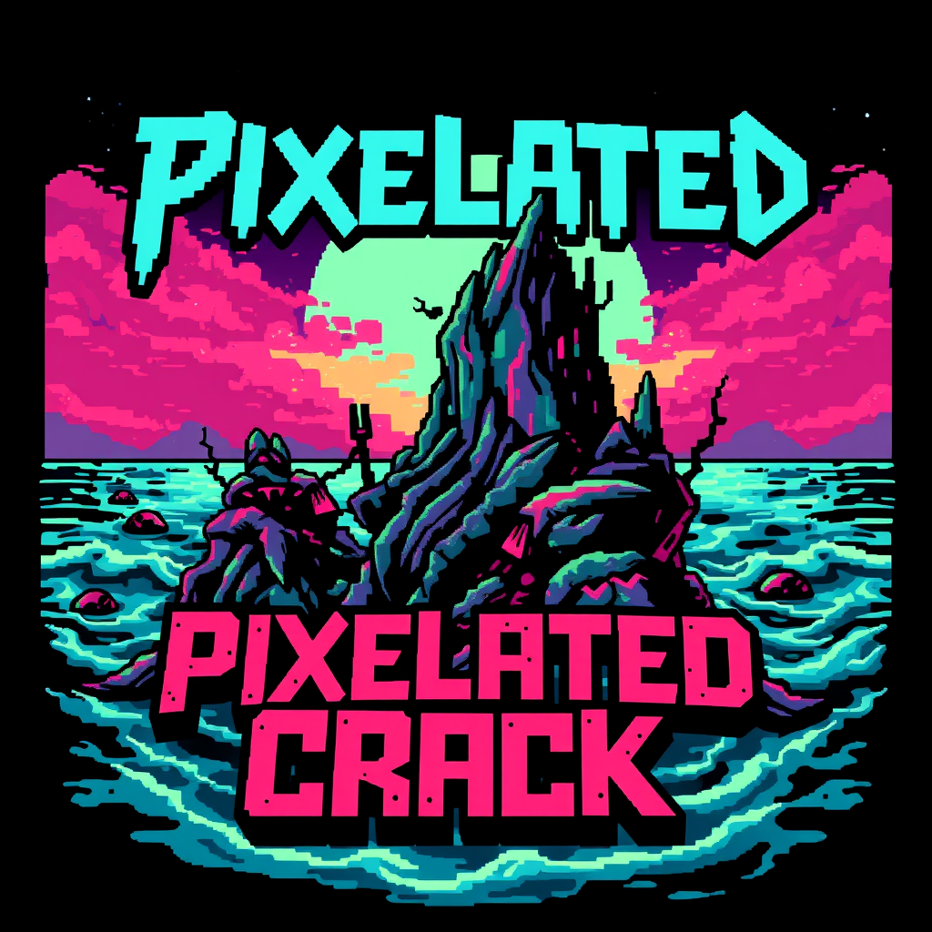 T-shirt design featuring a blocky, colorful 8-bit style of death metal blended with chiptune. The visual should be unique and striking, yet macabre combined with beauty, and the band name is "Pixelated Crack" with a scene inspired by the deep sea.