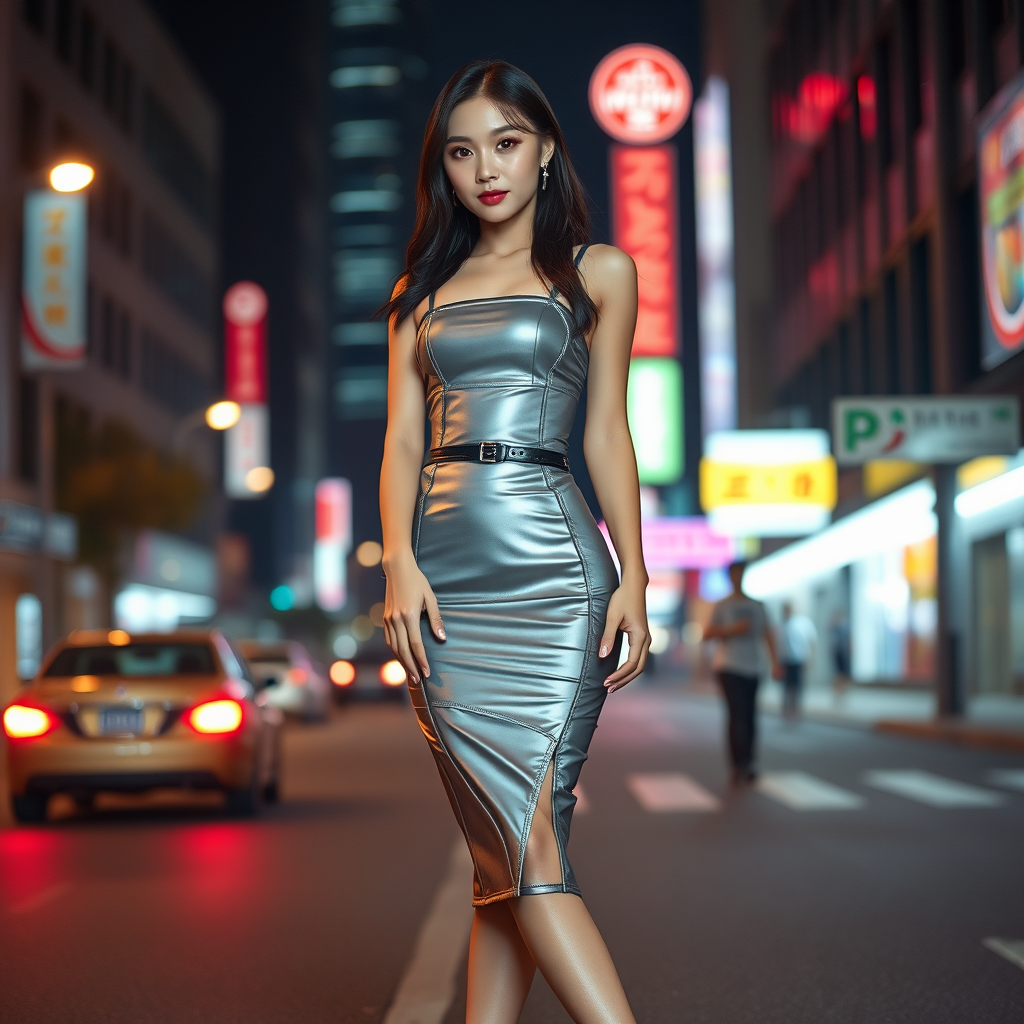 full-body portrait of a young Korean woman, alluring gaze, sleek and modern outfit, form-fitting dress with metallic accents, high heels, confident stance, urban night scene, neon lights, soft yet dramatic lighting, polished and sophisticated look, photorealistic quality --ar 3:4 --v 6.0