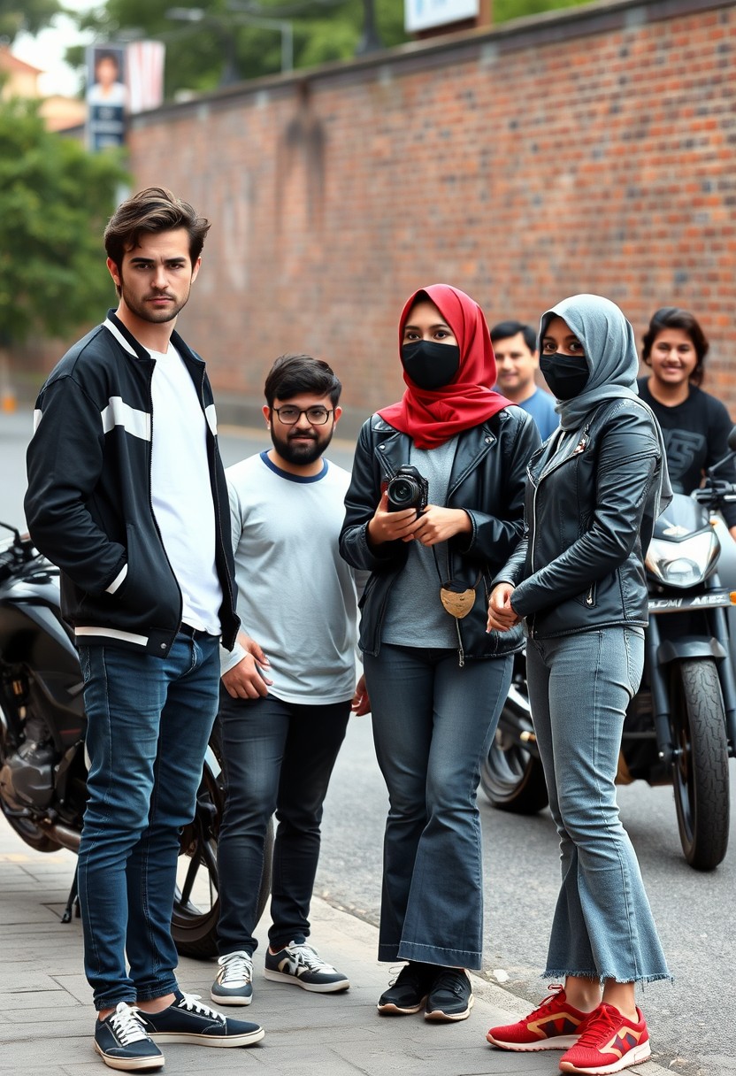 Jamie Dornan and Freddie Prinze, head and body shot, handsome, young, serious face, dark brown hair, white T-shirt, college jacket, skinny jeans, sneakers, standing, discussing with two guys and a short slim Muslim girl wearing a red hijab, beautiful eyes, black face mask, black leather jacket, gray long T-shirt, bell-bottom jeans, red sneakers, holding a Canon DSLR camera, near a town road, superbike, hyper-realistic, street photography, brick wall, full body photo, five other random smiling friends in the back. - Image