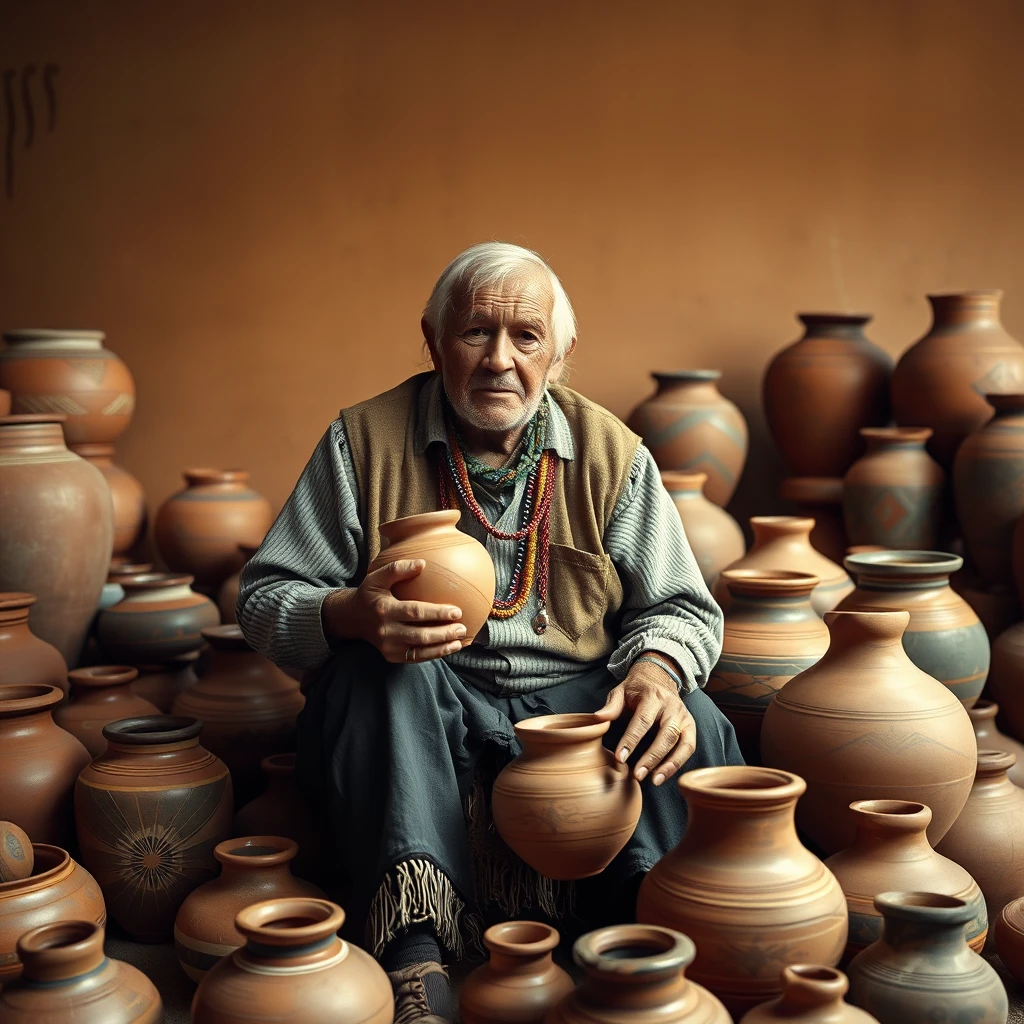 Photorealistic studio image in the style of Richard Avedon, of a Navajo potter surrounded by his pots.