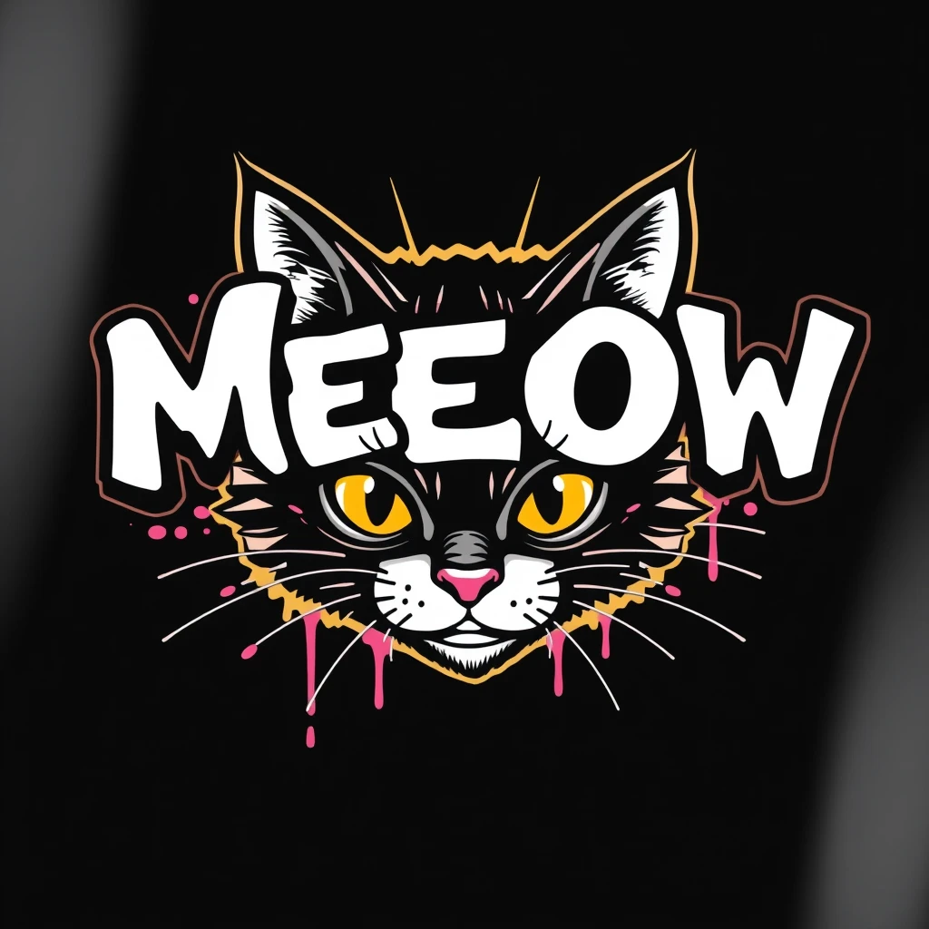 "MEOW", graffiti, solid color, TSHIRT DESIGN ART by Sullen Powell Peralta, center PNG, black background.