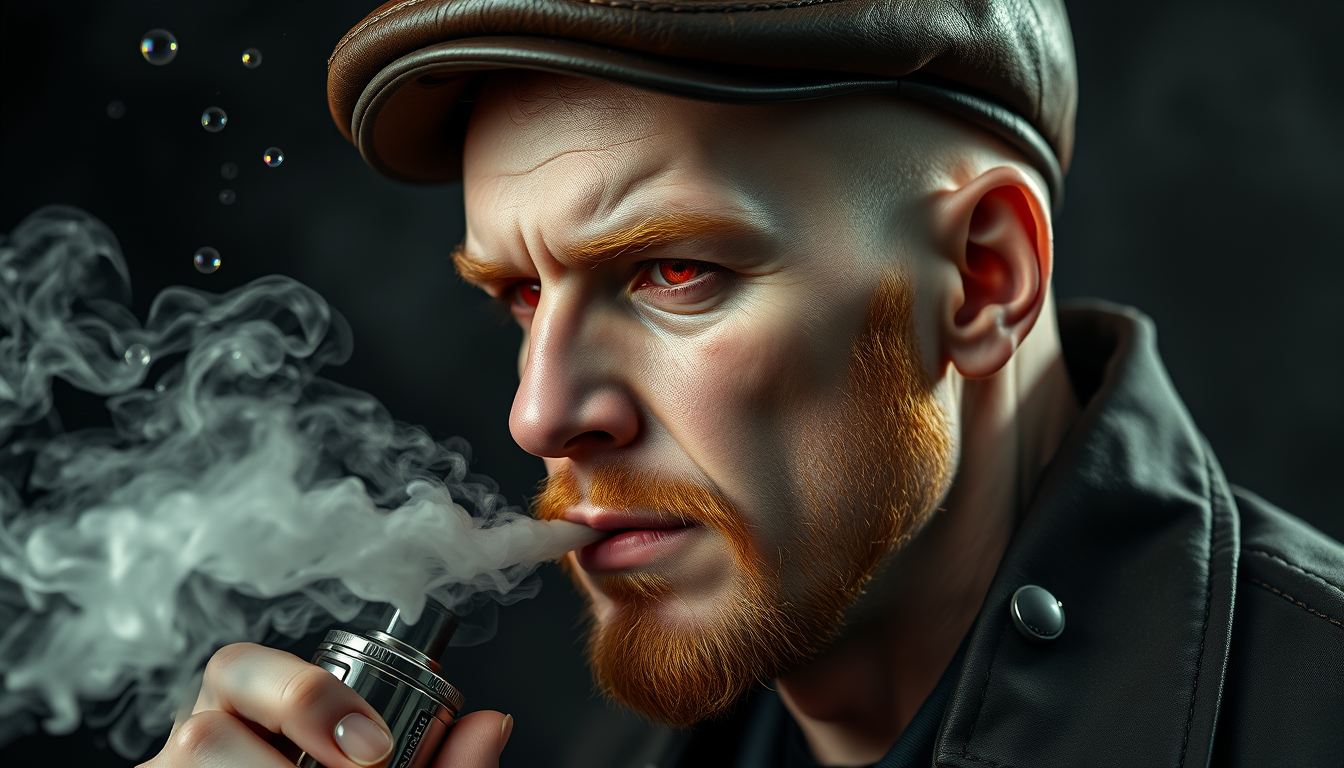 Hyper-realistic three-quarter portrait of a demonized white male, bald with meticulously detailed ginger stubble, donning a worn leather flatcap. Piercing red eyes gleam as he exhales dense, swirling vapor clouds from an intricately designed chrome vapemod. Iridescent e-liquid droplets suspended mid-air. - Image