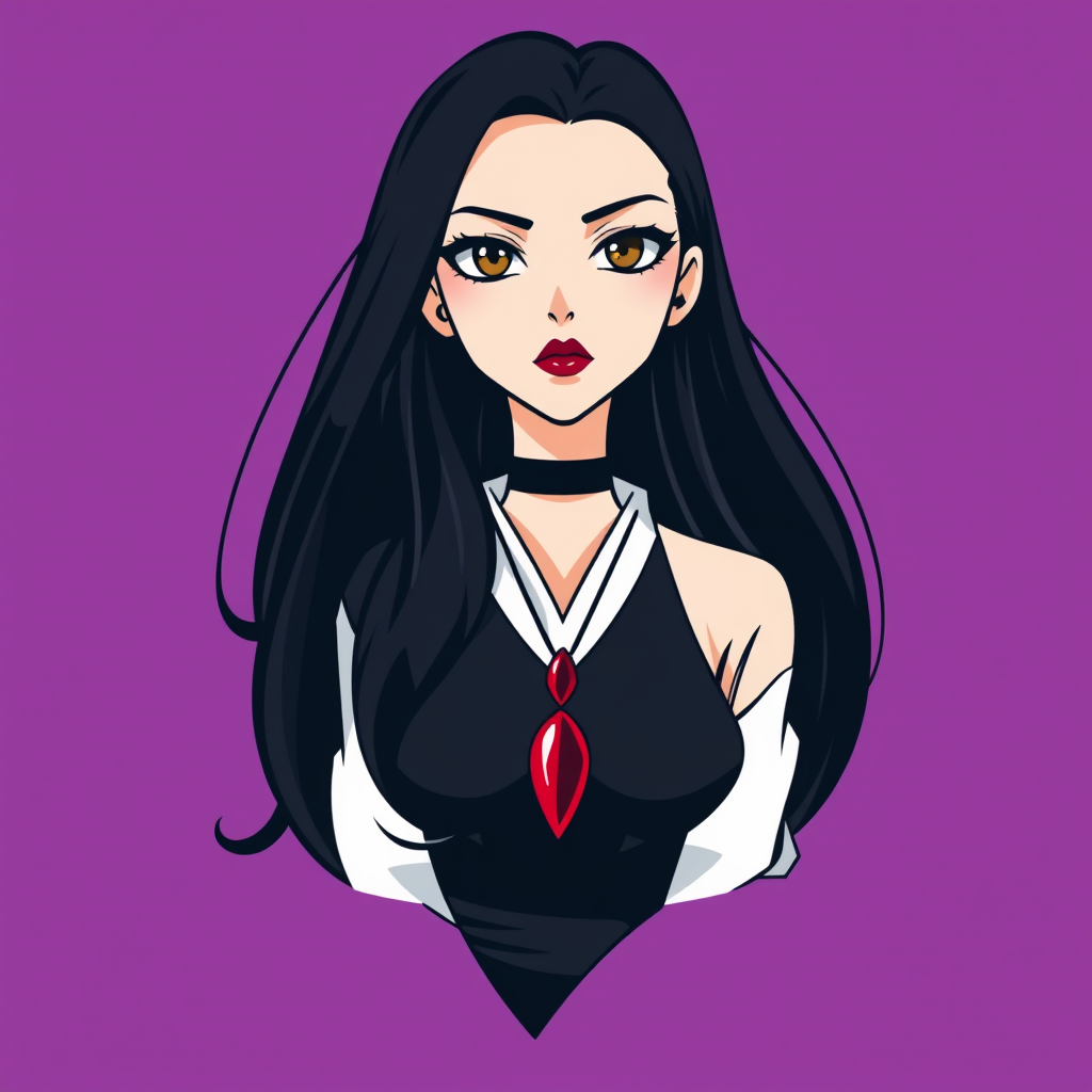 A basic simple vector logo of a beautiful female character with hazel brown eyes, long, dark black hair, wearing a black and white outfit with a red pendant necklace, and serious face with red lipstick, on a purple background. - Image