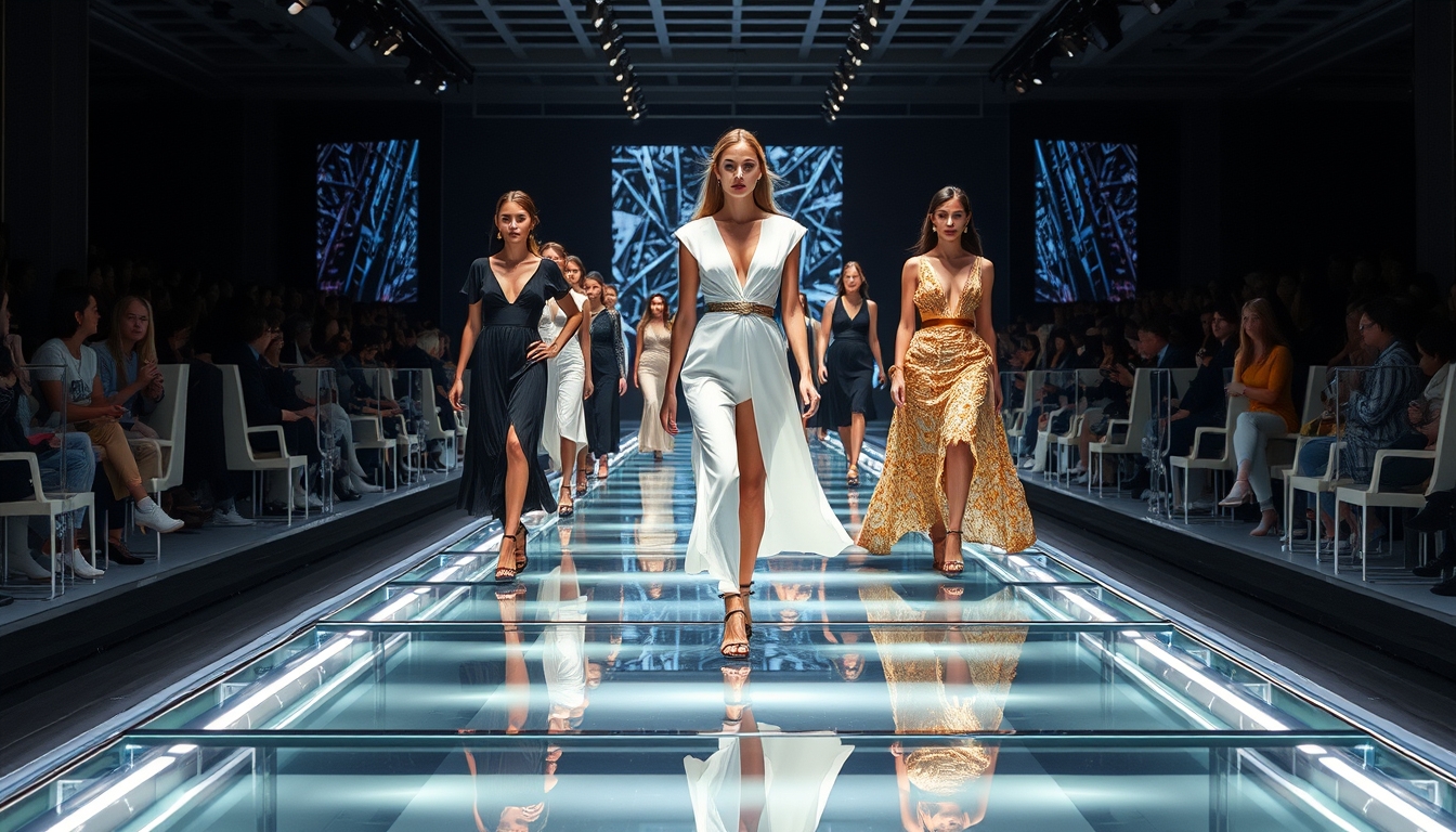 A high-end fashion show with models walking down a glass runway. - Image